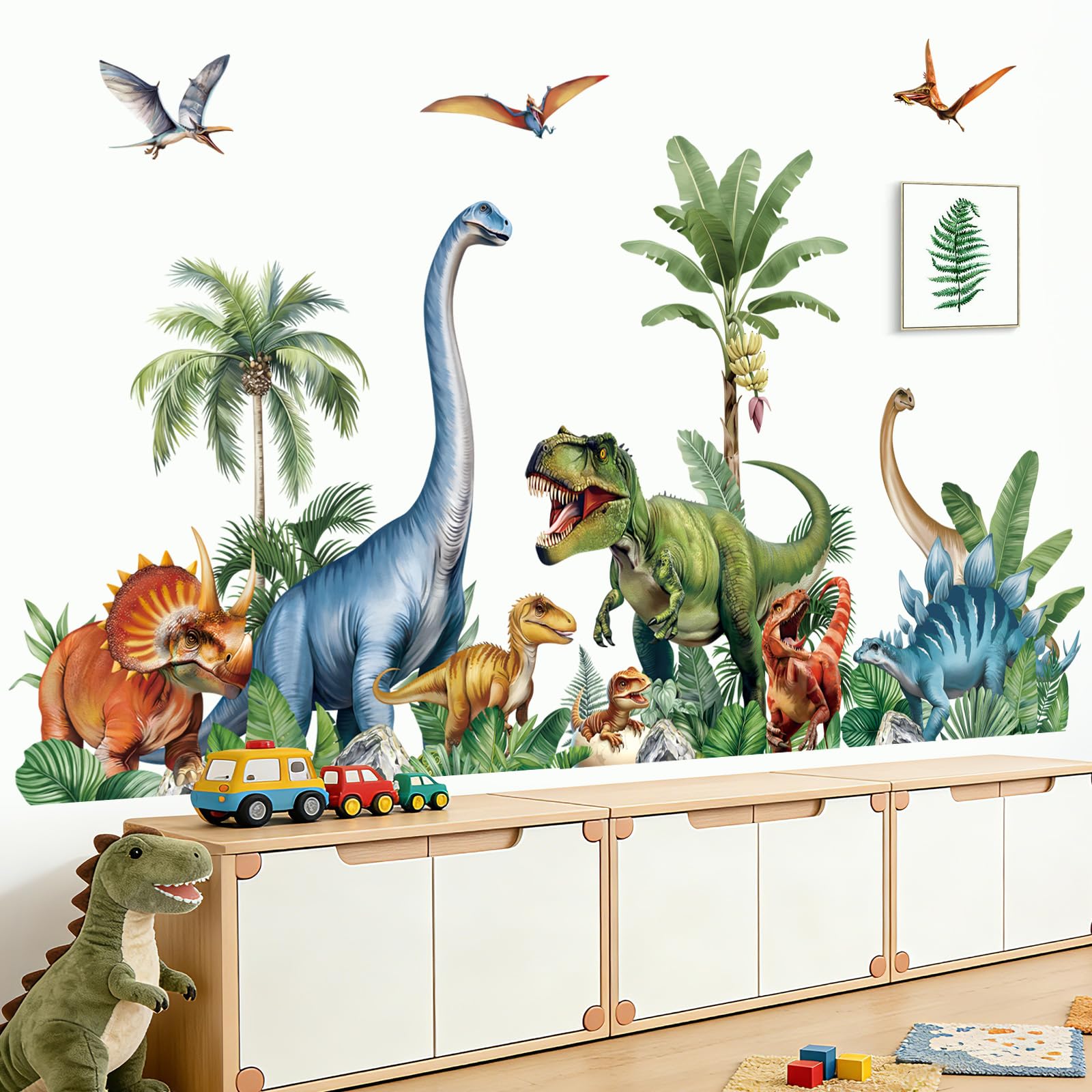 wondever Large Dinosaur Wall Stickers Dino Animal Tropical Tree Leaves Peel and Stick Wall Art Decals for Boys Room Baby Nursery Kids Bedroom