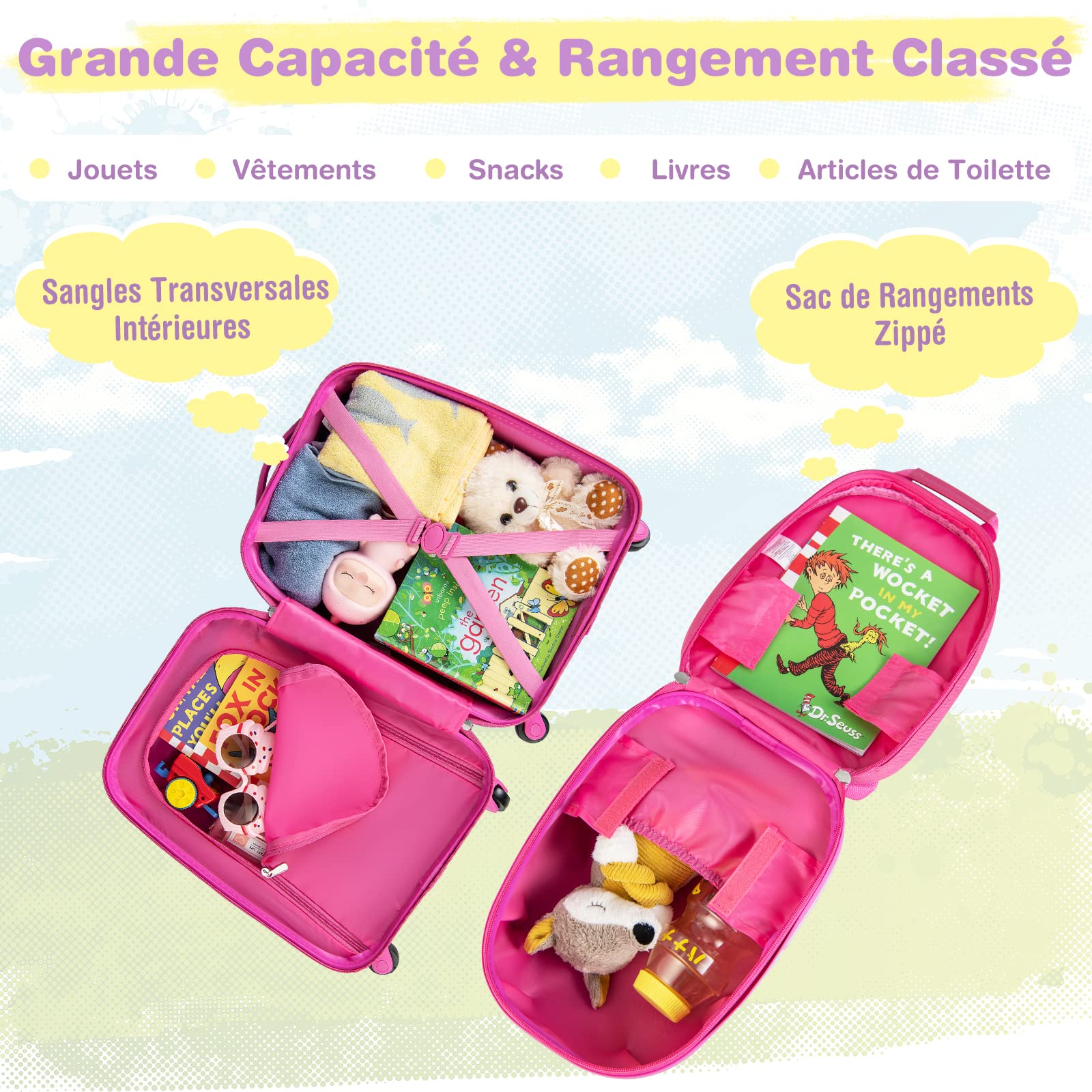 COSTWAY Valise Enfants à roulettes 16’’ & Sac à Dos 12’’ avec Poignée Télescopique, Bagage Enfants avec Motif Voiture d'avion, 4 Roues Rotatives, Lot de 2 Valise pour Fille Garçon(Licorne)