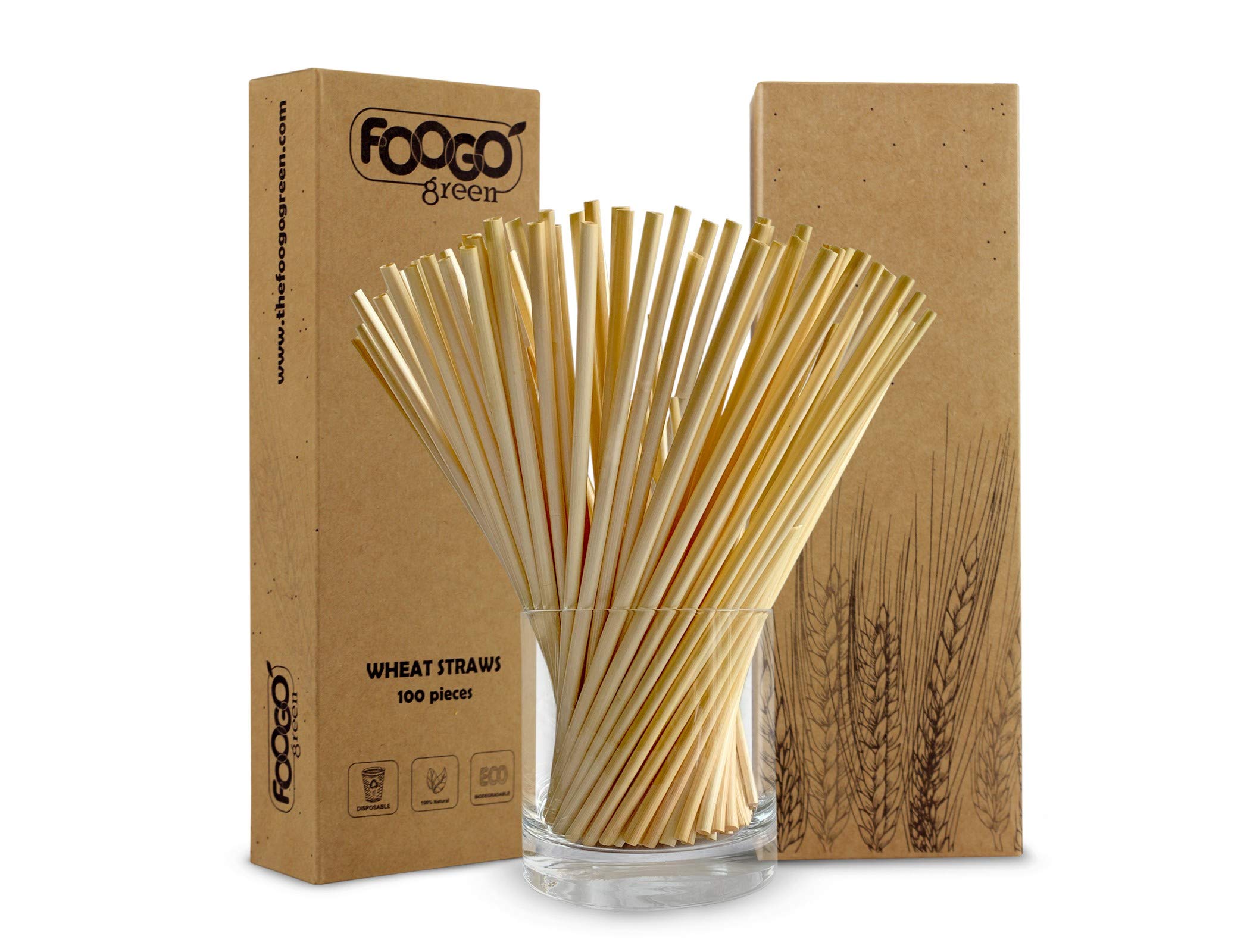 FOOGO Green 100pcs Wheat Drinking Disposable Straws, Like Paper and Natural Hay Straws, Eco Friendly Biodegradable, for Juice and Cocktails, Gluten Free, Picnic Camping Wedding Party