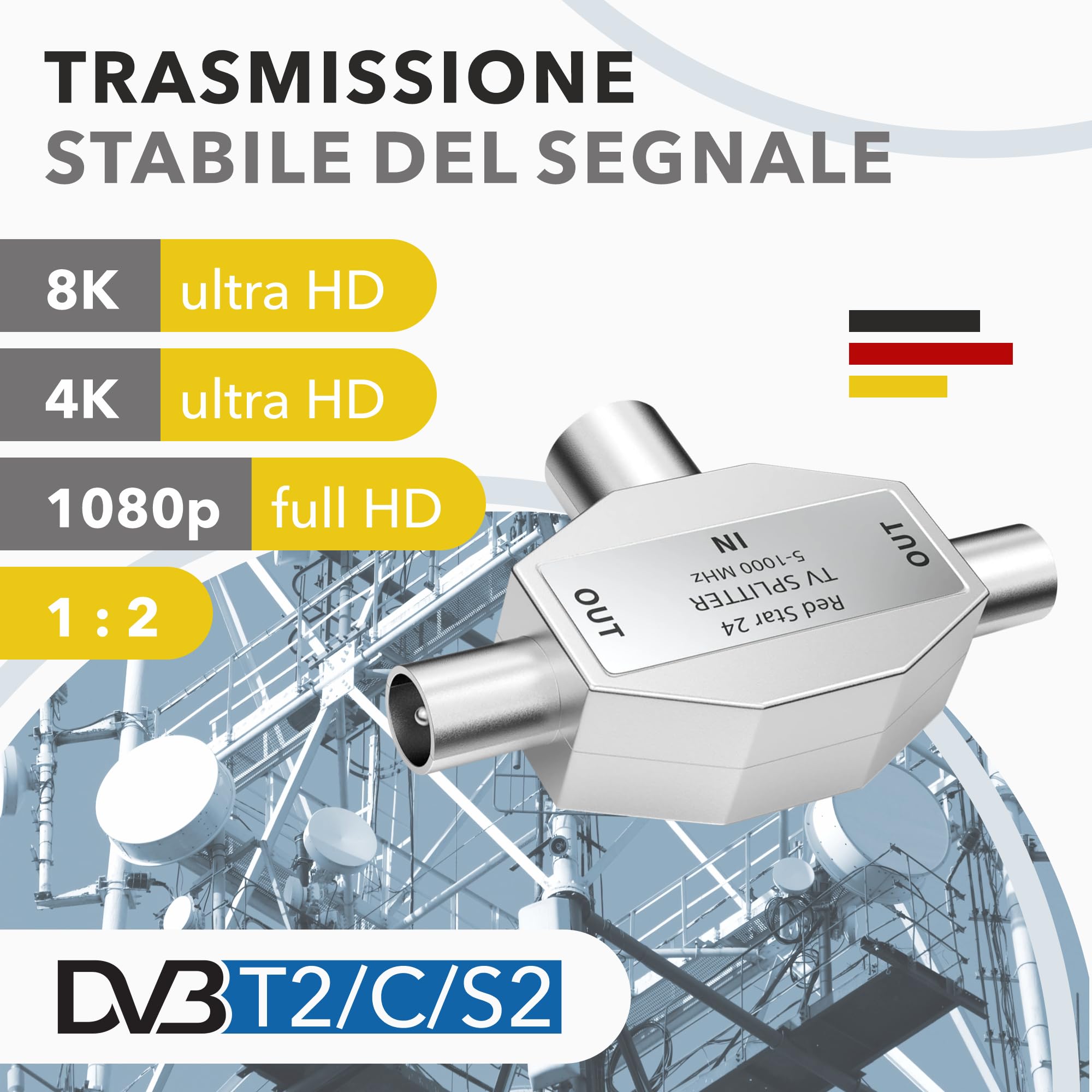 RedStar24 Distributore antenna a 2 vie – Distributore antenna – Splitter TV 2 vie adattatore T antenna TV 1 ingresso IEC coassiale femmina (accoppiamento) W 2 uscite IEC spina coassiale M | DVB-T / 2