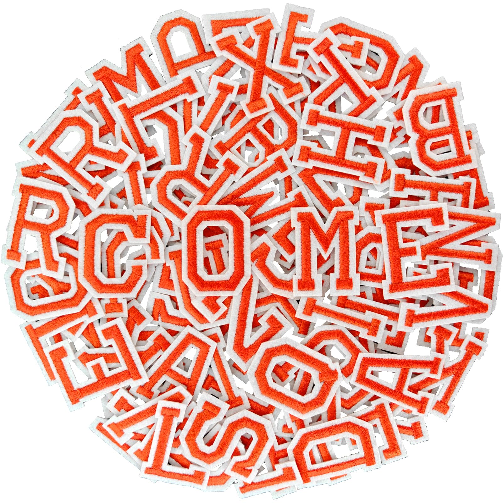 Photo 1 of 104pcs Orange Iron on Letters Patches, Embroidery Fabric Letters Applique Patch for Clothing, Jackets, Jeans, Hats, Backpacks, Socks