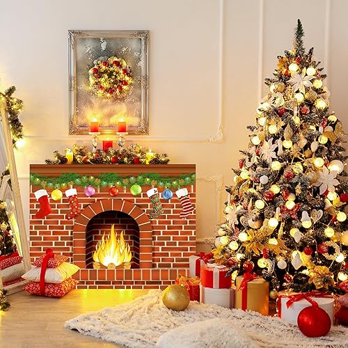 Miniatura 4 de Colarr Cartón de chimenea de Navidad de 36.7 x 28 x 7 pulgadas, 3D para fogata falsa gigante de ladrillo rojo, cartón de tamaño real 3D para