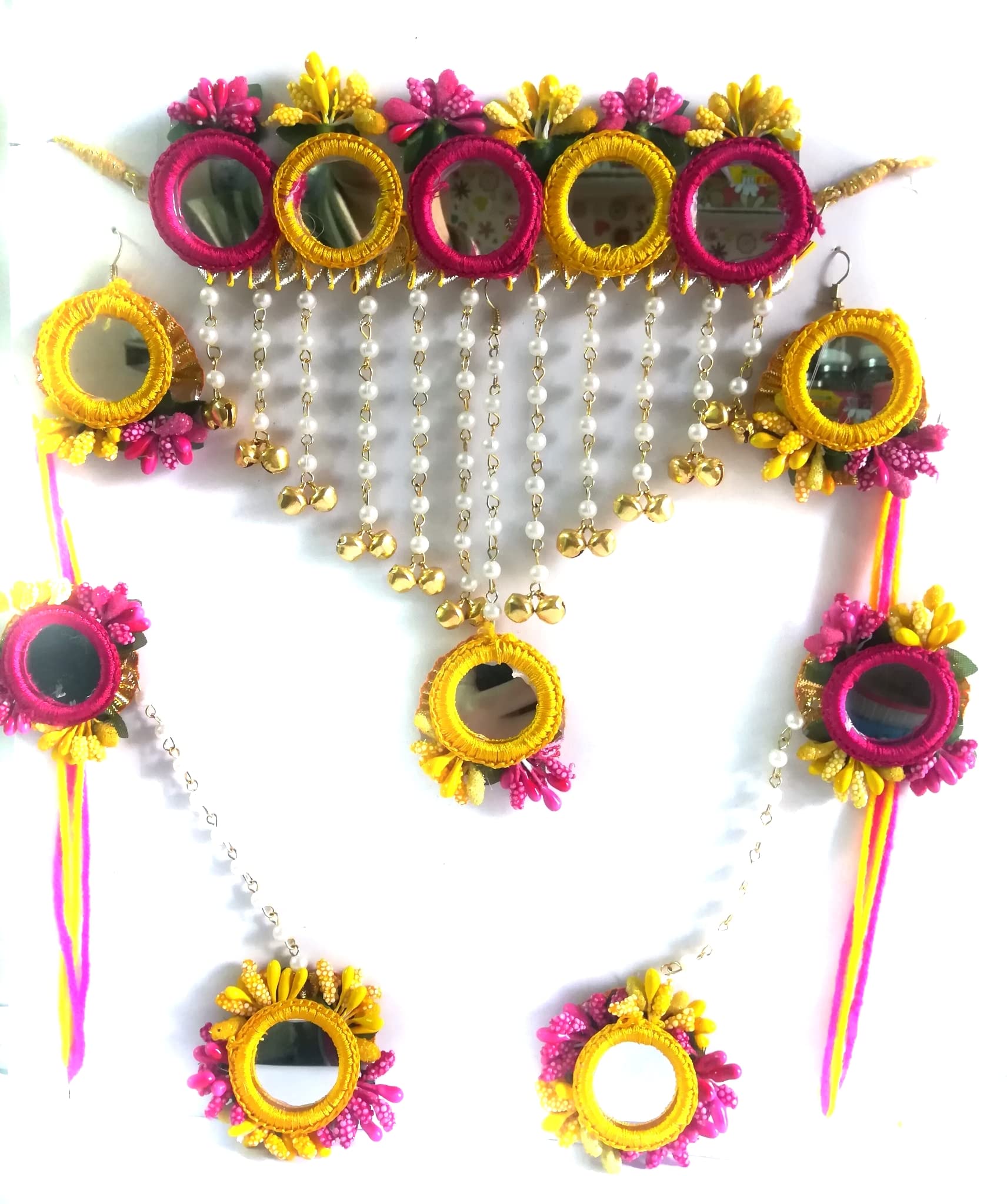 RKG HANDICRAFTS Artificial Flower Jewellery Set For Haldi | Mehndi | Baby Shower | Set Of Flower Bangles, Earrings, Mangtika And Necklace For Girls (Mirror Magenta And Yellow) (B09TH9S5H2) Amazon Price History, Amazon Price Tracker