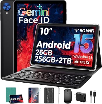 Tablet with Keyboard, 2026 Android 15 tablet with 26GB+256GB+2TB Expand, 10 Inch Tablet PC with 8-Core, Gemini AI, 5G WiFi, 8000mAh, BT5.0, GPS, Electronics Tablets with Case/Mouse/StylusGreen Case