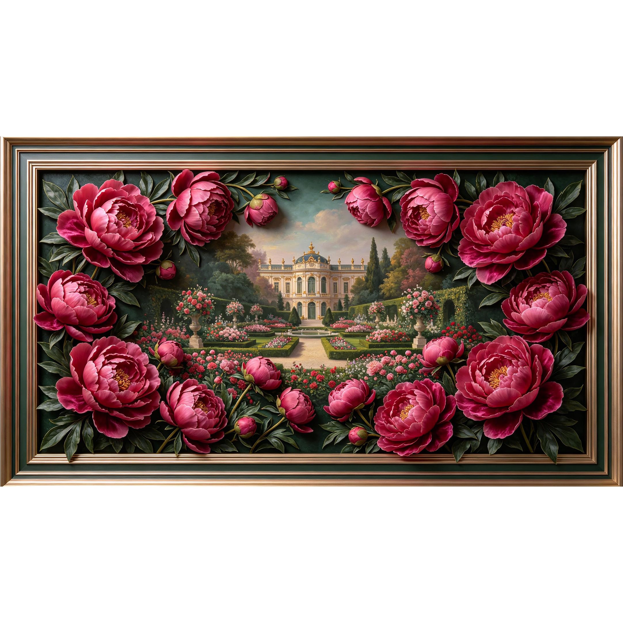 QZLITHOTIC 50×90cm3D Framed Wall Art， Neoclassical Palace Floral Garden Self?Adhesive Mural， Water?Activated Peel & Stick Fabric Decor Wall Decal for Bedroom Living Room