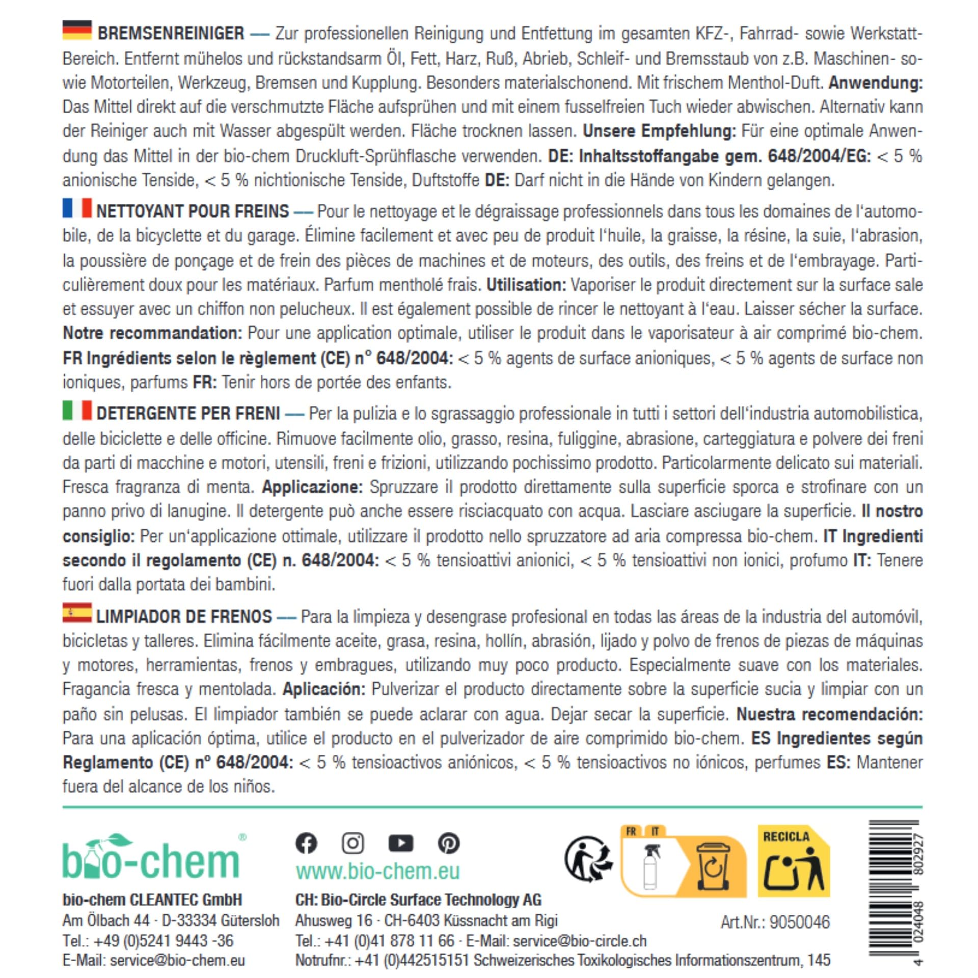 bio-chem Bremsenreiniger Spray 5L für Auto & Fahrrad | Entfetter für Scheibenbremsen | auch als Kettenreiniger, Motorreiniger und Fettlöser