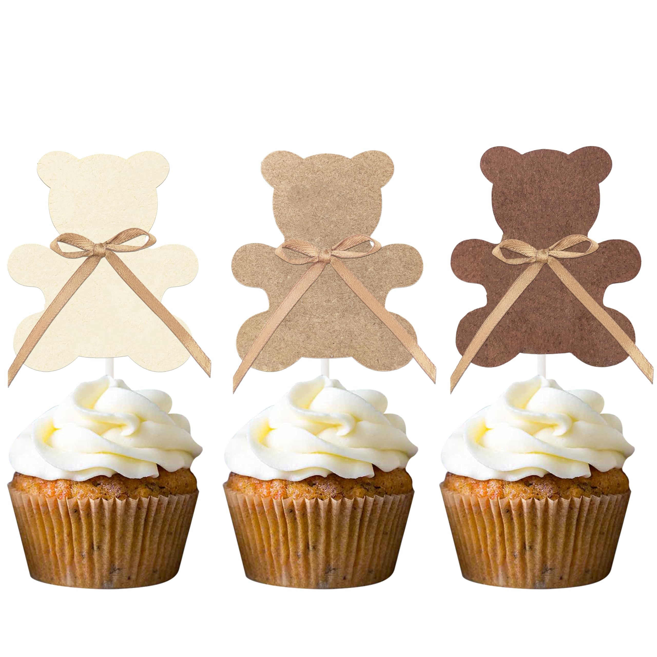 Bafutayawa Cupcake Topper Bear 24 Pieces Cake Decoration Baby Shower Teddy Bear with Bow Muffin Decoration Paper Brown Beige for Gender Reveal 1st Birthday Christening Boho Party Accessories