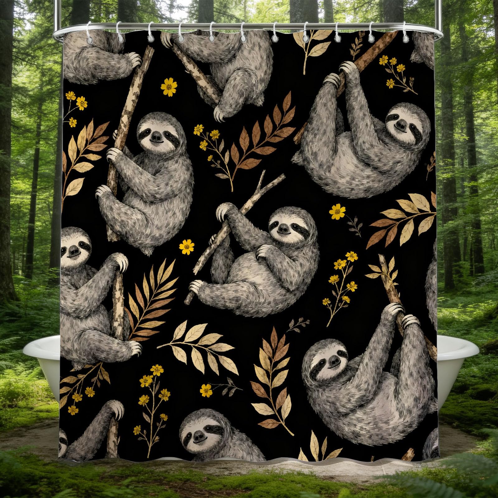 Hongduo 3D Sloth Shower Curtain for Stalls Bathtubs Botanical Plants Bathroom Decor Shower Curtain Set Polyester Fabric Waterproof 180x200cm/71X79 Inch with Hooks