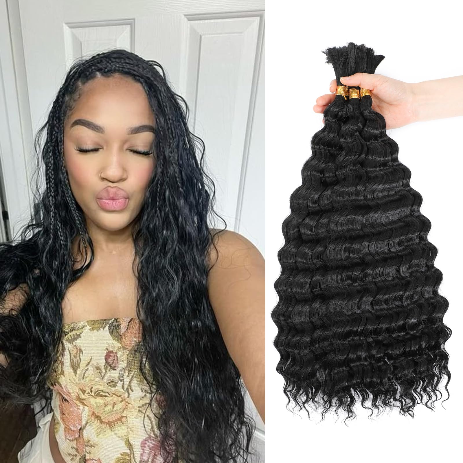 YYQXZG Deep Wave Bulk Hair for Braiding 18 Inch Water Wave Curly Hair Bulk Deep Wave Braiding Hair Extensions for Boho Braids (1B#