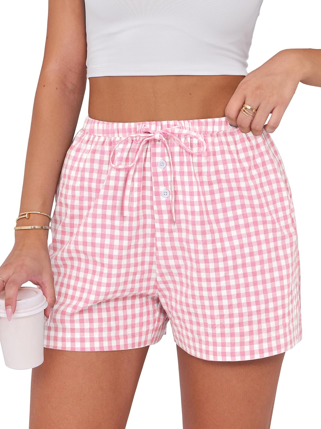 ANRABESS Women’s Boxer Shorts Summer Gingham Striped Drawstring Pajama Lounge Shorts With Pockets Trendy Cute Beach Bottoms
