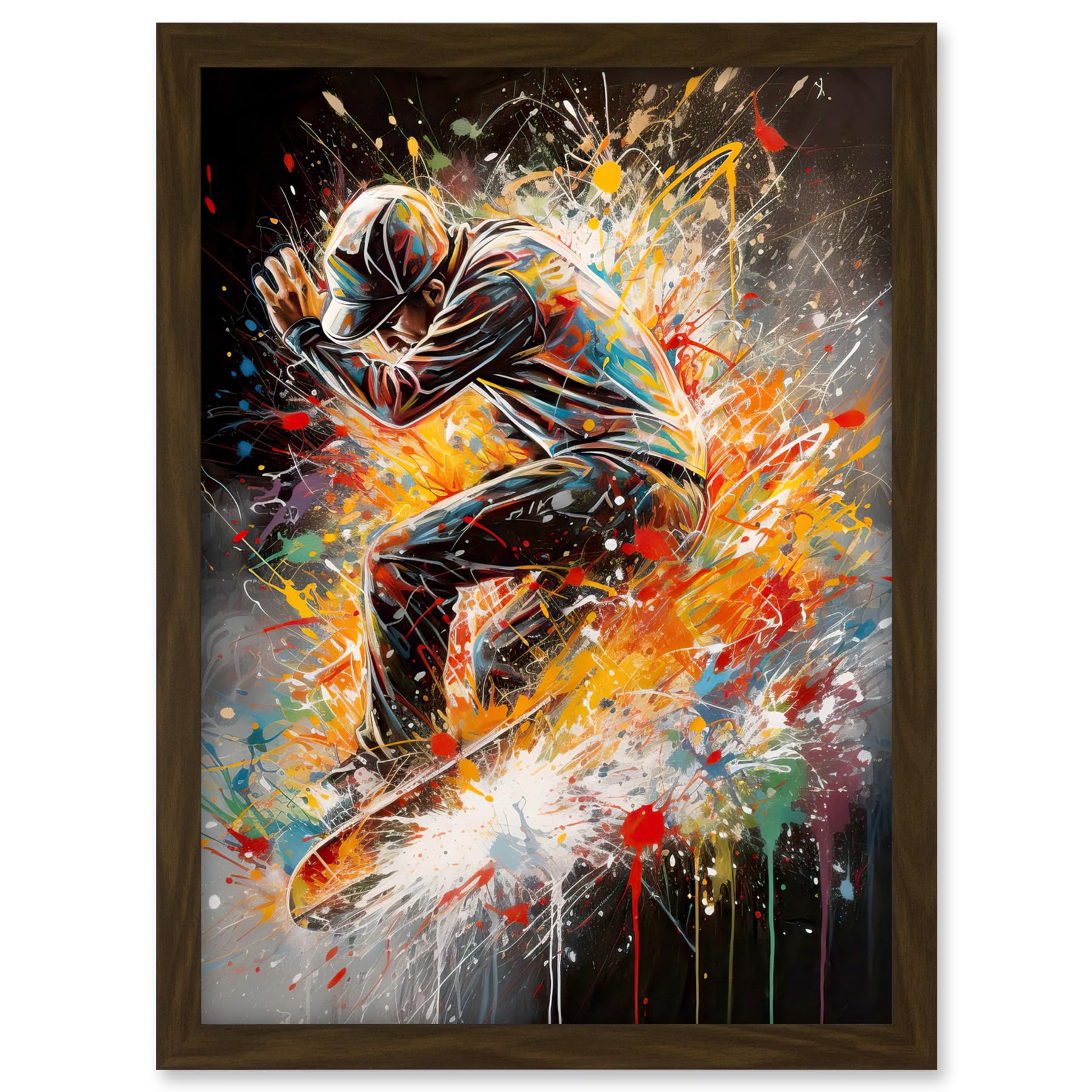 Artery8 Skateboarder Vibrant Splat Paint Action Shot Artwork Framed A3 Wall Art Print