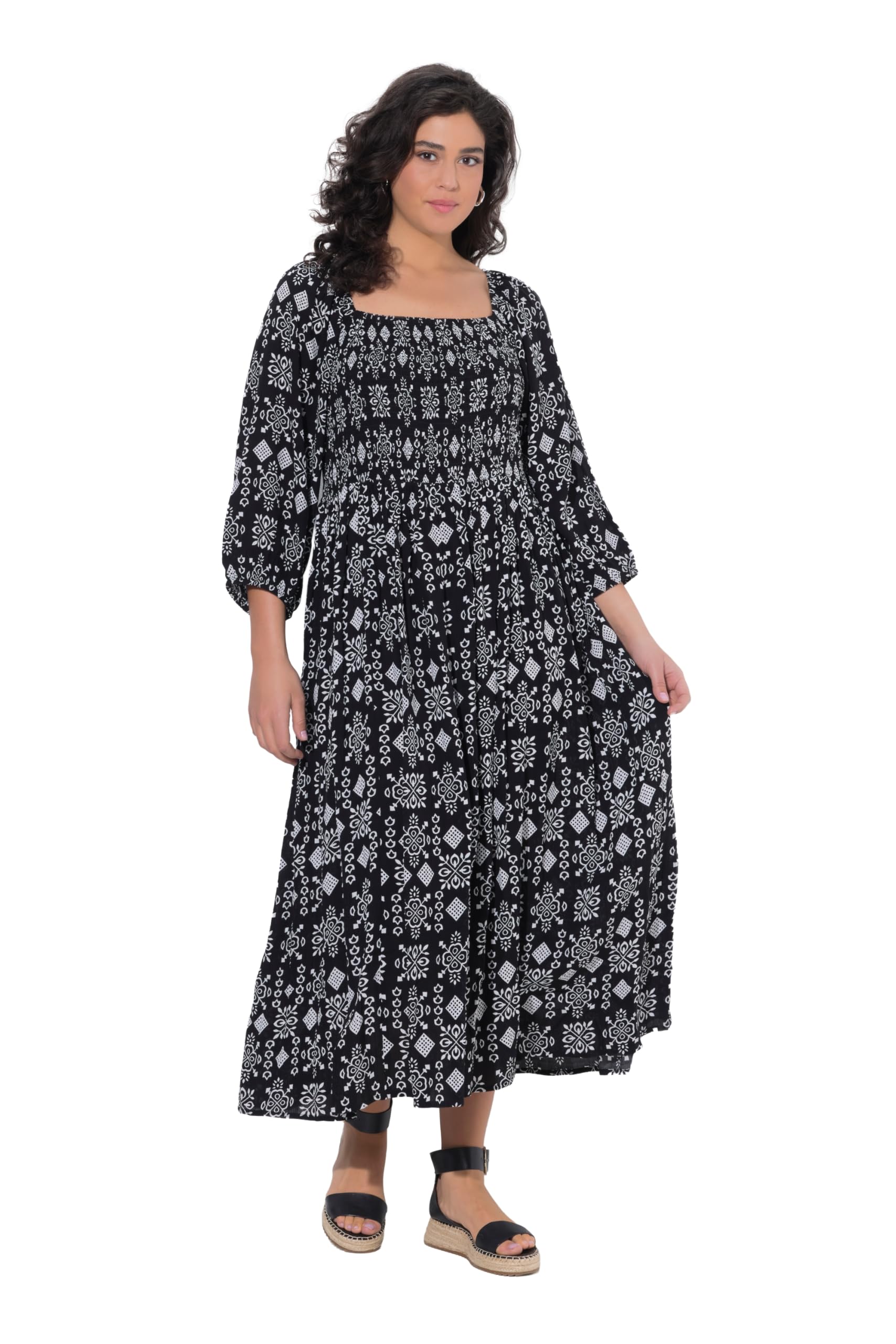 Ulla Popken Damen große Größen Übergrößen Plus Size Midikleid, A-Linie, Carré-Ausschnitt, 3/4-Arm 847810