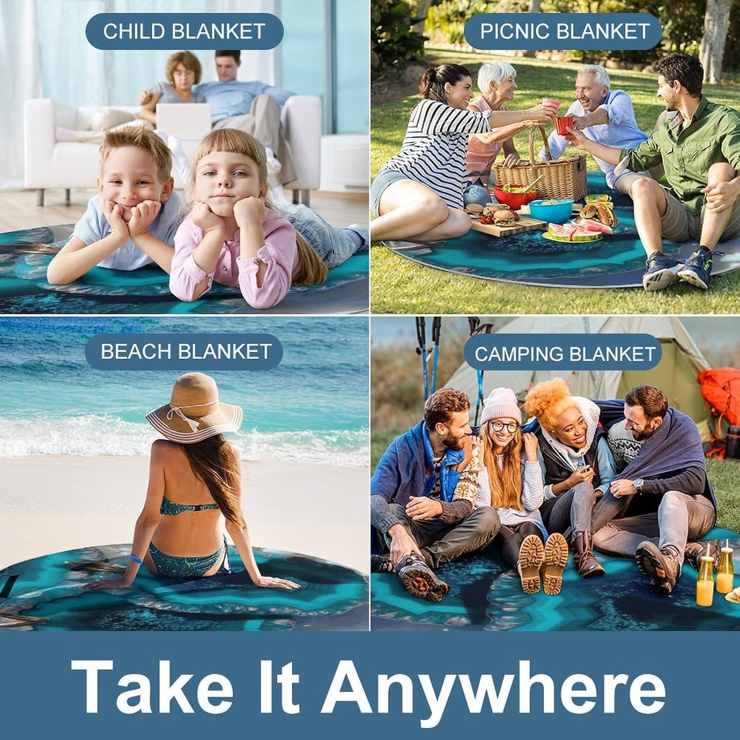 Teal Agate Picnic Blanket Foldable Outdoor Round Blankets Lightweight Beach Mats Portable Waterproof Park Sand Free Mat for Camping Hiking Sports Activities