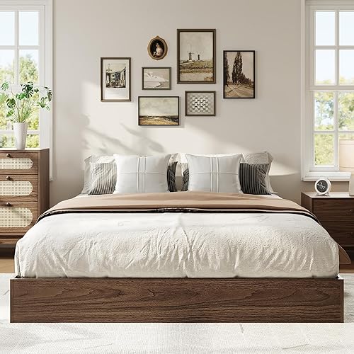 Miniatura 8 de IDEALHOUSE Base de cama de plataforma tamaño Queen, soporte de listones de madera, no necesita somier, fácil montaje, natural Natural,Gris