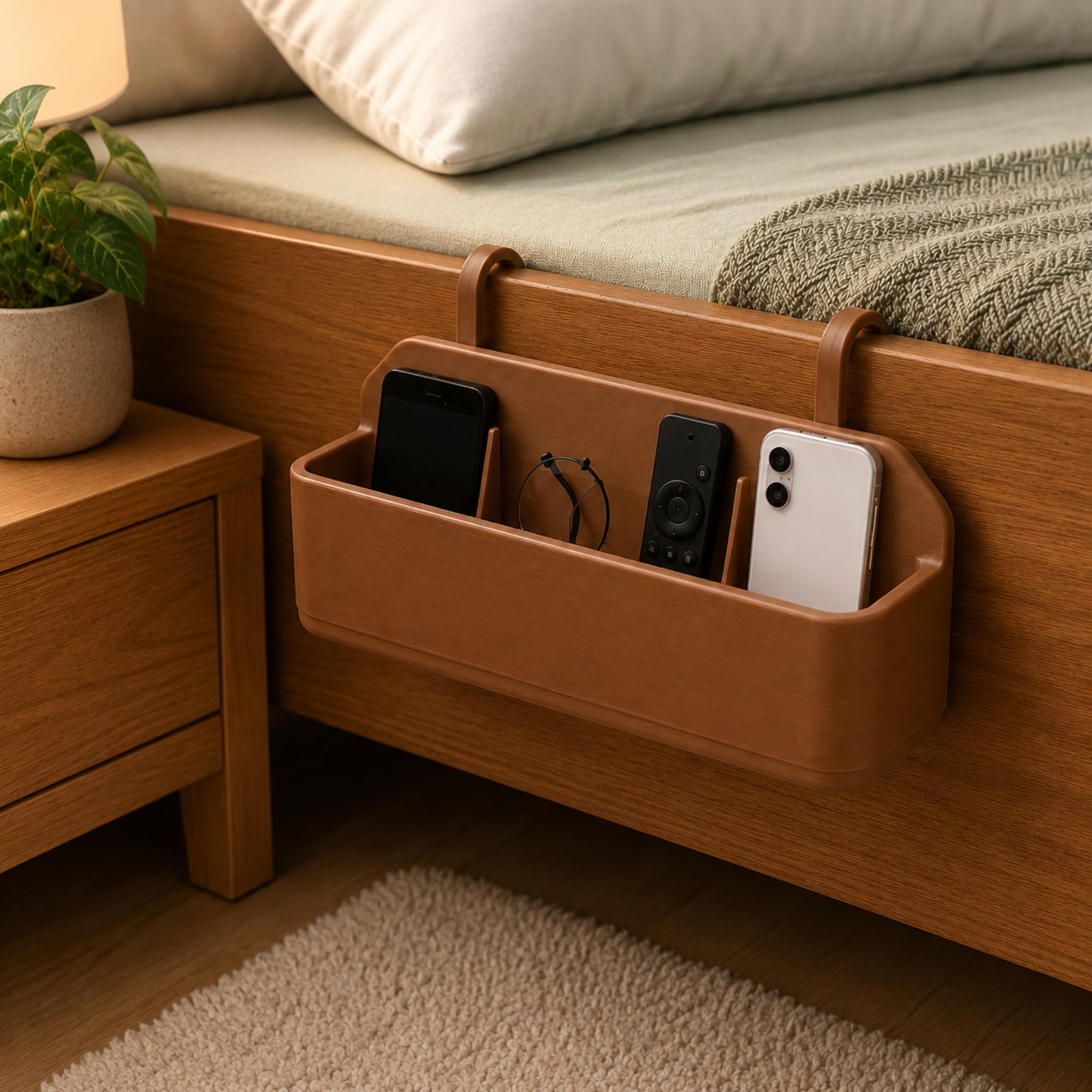 Bedside Storage Organizer Caddy for Bed Frame – Hanging Bed Organizer for Phone, Remote, Books & Accessories, Lightweight Sturdy PLA Material, Eco-Friendly & Biodegradable (Chocolate Brown)-image-28