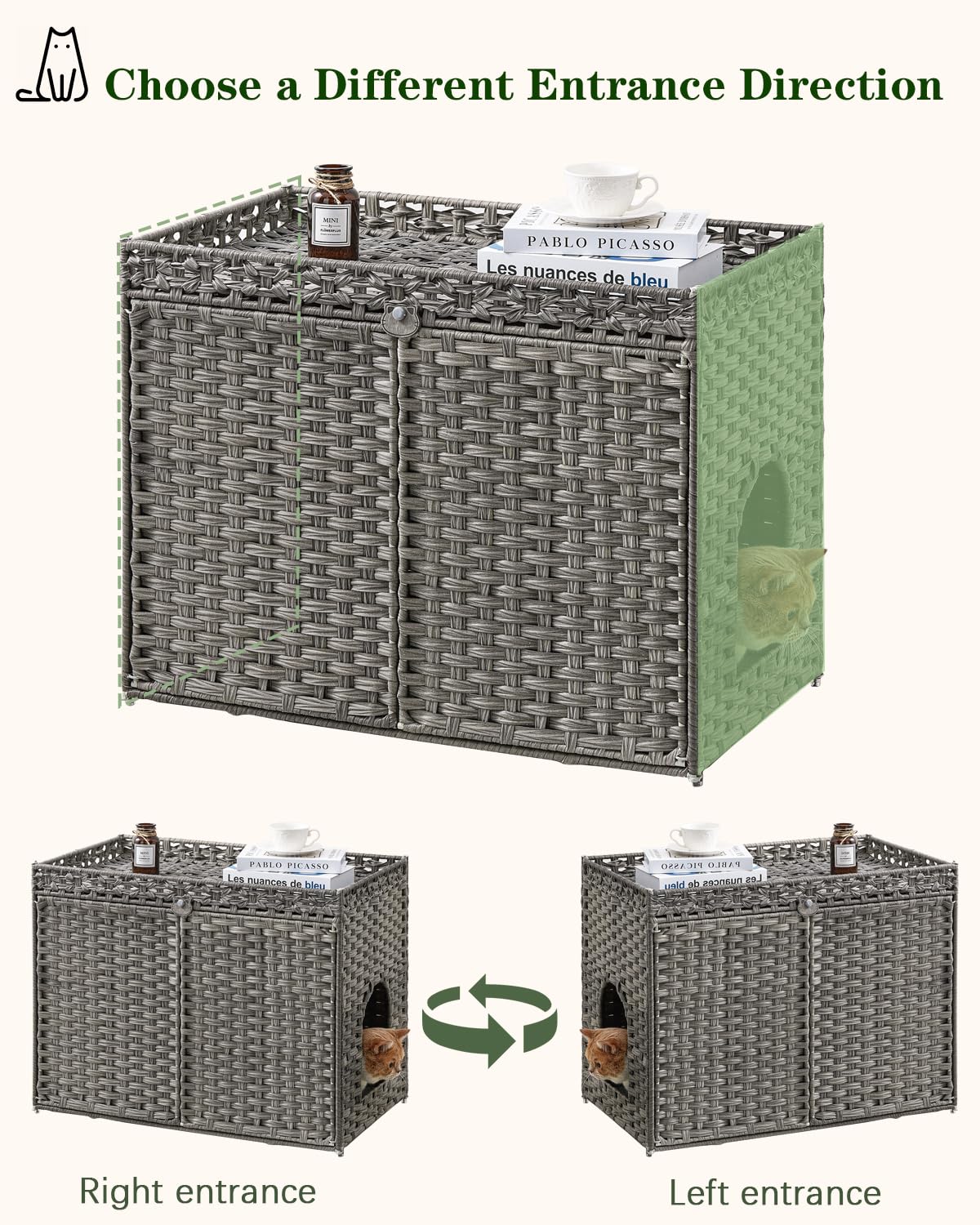 SETVSON Cat Litter Box Enclosure Furniture, Handwoven Rattan Hidden Litter Box with Mat, Large Space Cat House with 2 S-Shaped Hooks 30.3 x 18.3 x 24.4 Inches, Indoor for Living Room Apartment Gray - image 6