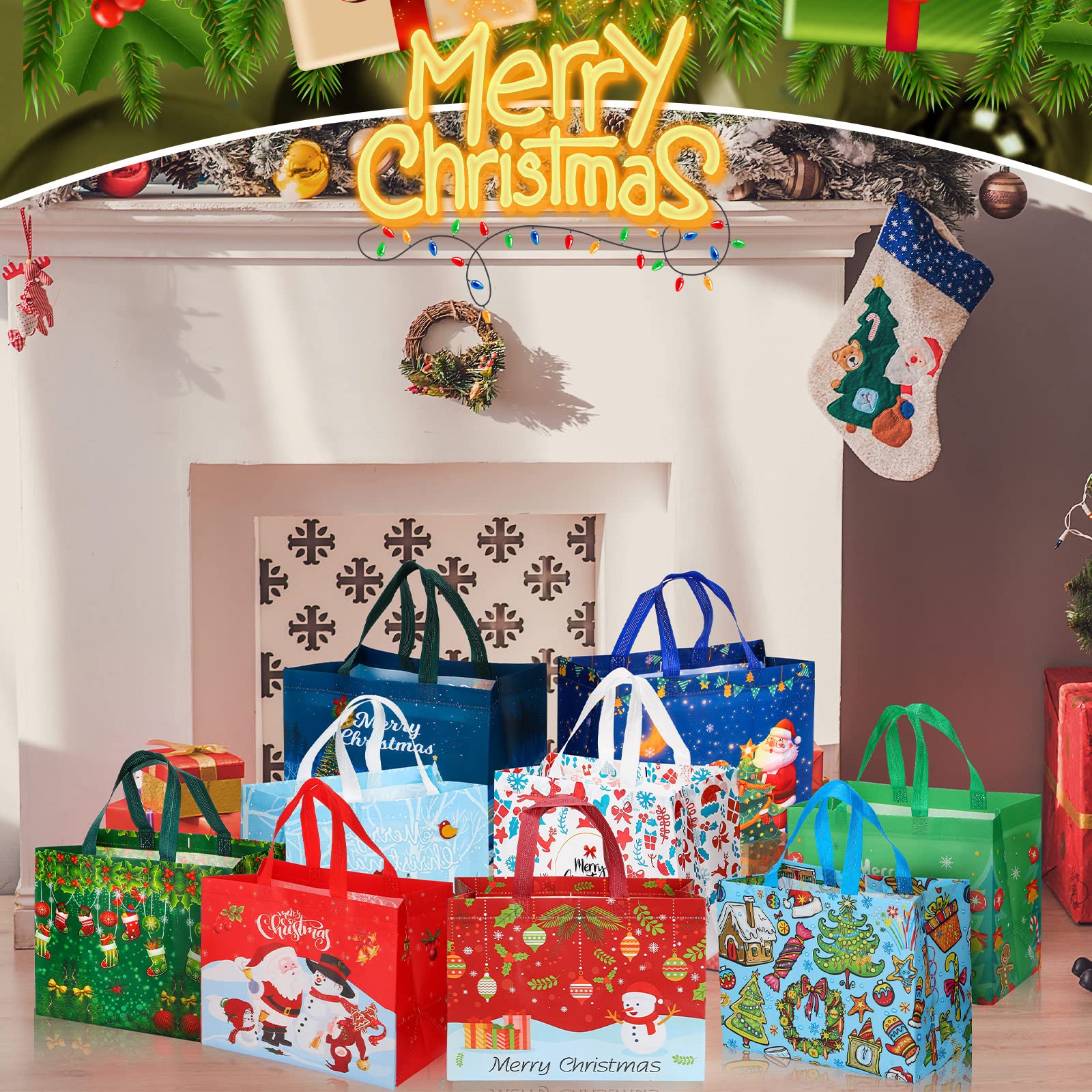 Lot de 36 sacs fourre-tout de Noël en vrac avec poignées – Sacs réutilisables non tissés pour emballage cadeau de Noël – Sacs d'épicerie pour fêtes de Noël – 33 x 25 x 17 cm (classique)
