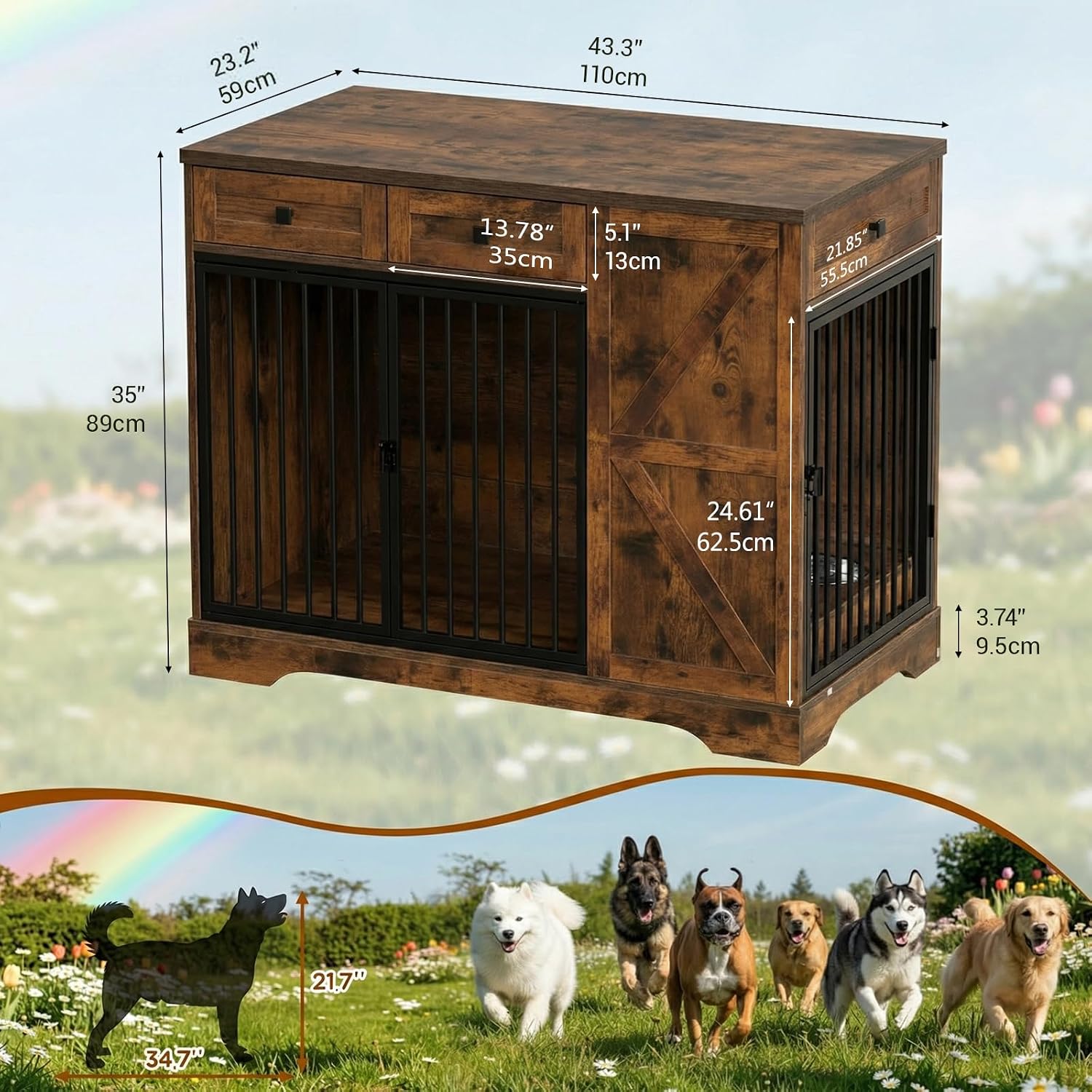 Large Dog Crate Furniture with Storage, Indoor Dog Kennel with 3 Drawers & 2 Feeding Bowls, Furniture Style Wooden Dog Crates for Large/Medium Dogs