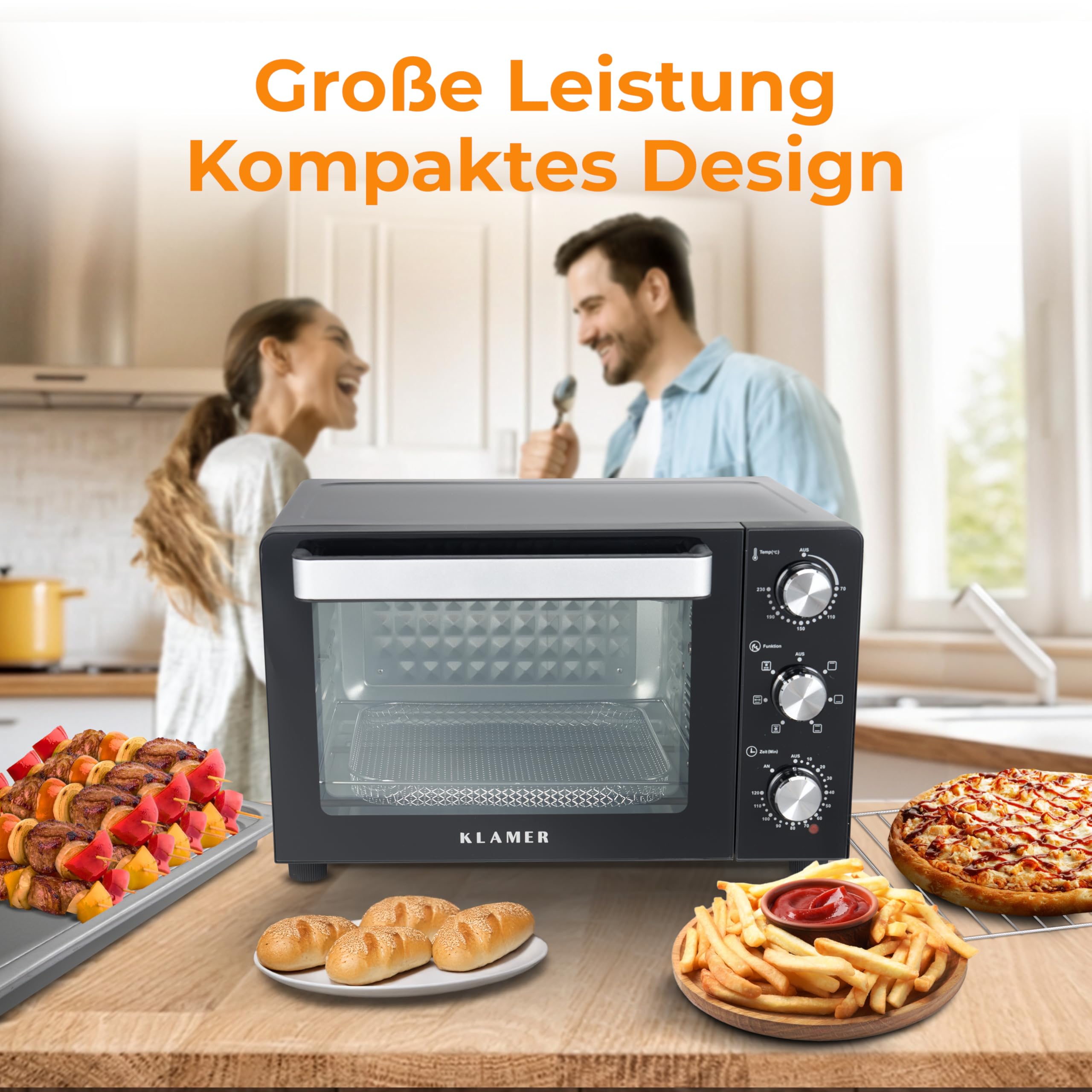KLAMER Minibackofen mit Umluft (30 Liter), 6 Backfunktionen, 70-230°C, 120 min. Timer, Mini-Ofen inkl. Drehspieß, Grillgitter, Grillrost und Krümelblech, 1.500 W, Pizza Ø30cm, Schwarz