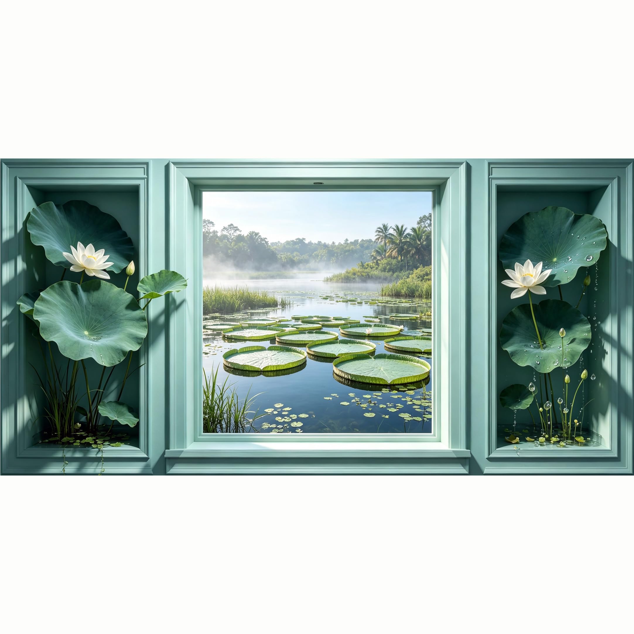 QZLITHOTIC 50x100cm 3D Framed Wall Art， Tropical Lotus Pond Botanical Landscape Self‑Adhesive Mural， Water‑Activated Peel & Stick Fabric Decor Wall Decal for Bedroom Living Room