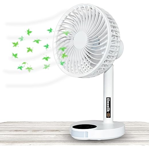 Elexolik Portable High Air Through Desktop Fan Powered by Dual Rechargeable Li-ion Battery with USB Port, LED Lamp, 3 Speed Touch Pad Control Function for Indoor-Outdoor Use (White, 1Pc)