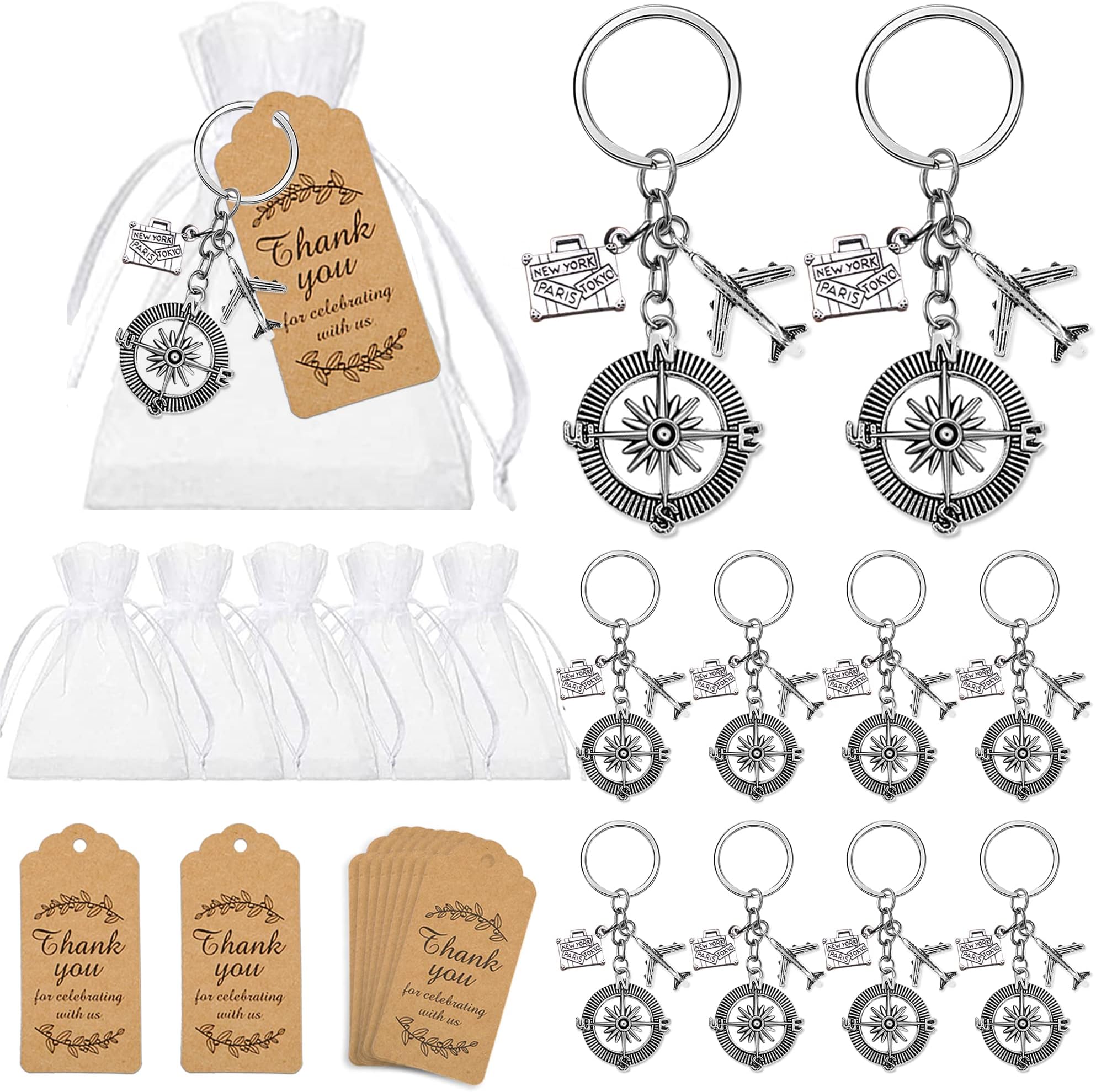 12 Packs Adventure Party Favors Airplane Keychain Travel Themed Party Favor with Compass Keychain Thank You Tags White Organza Bags for Adventure Theme Party World Awaits Birthday Baby Shower Holiday