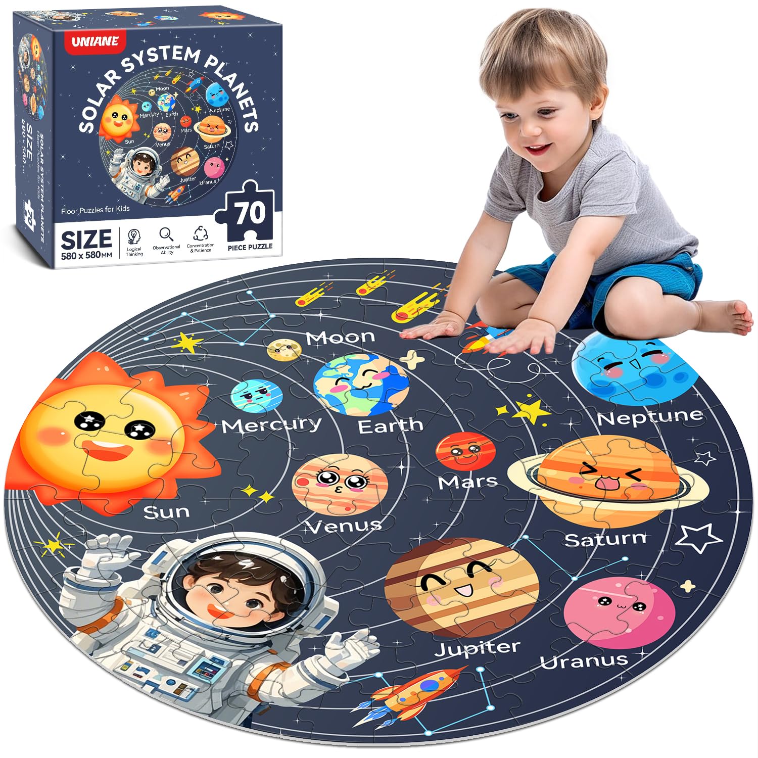UNIANE Puzzles for Kids Ages 4-8,Solar System Floor Puzzles for Kids,Large 70 Piece Jigsaw Puzzles for Kids Ages 4-6,Education Kids Puzzles,Space Planet Toys Gifts Puzzles for Boys Girls Birthday