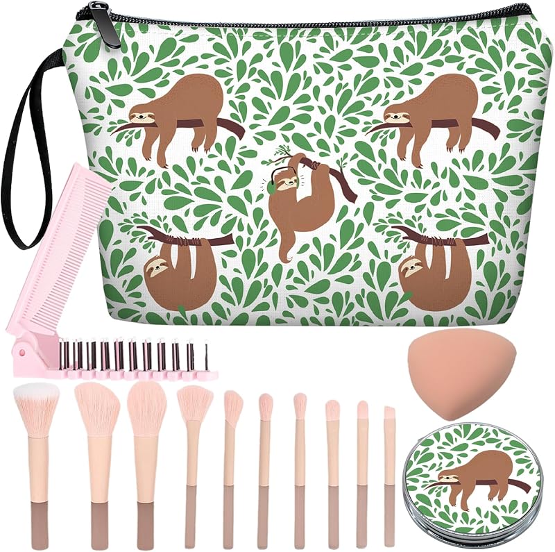 Necessaire de maquiagem JIEXAGEZOS com estampa de bicho-preguiça, espelho, kit com 10 pincéis, esponja rosa e pente dobrável
