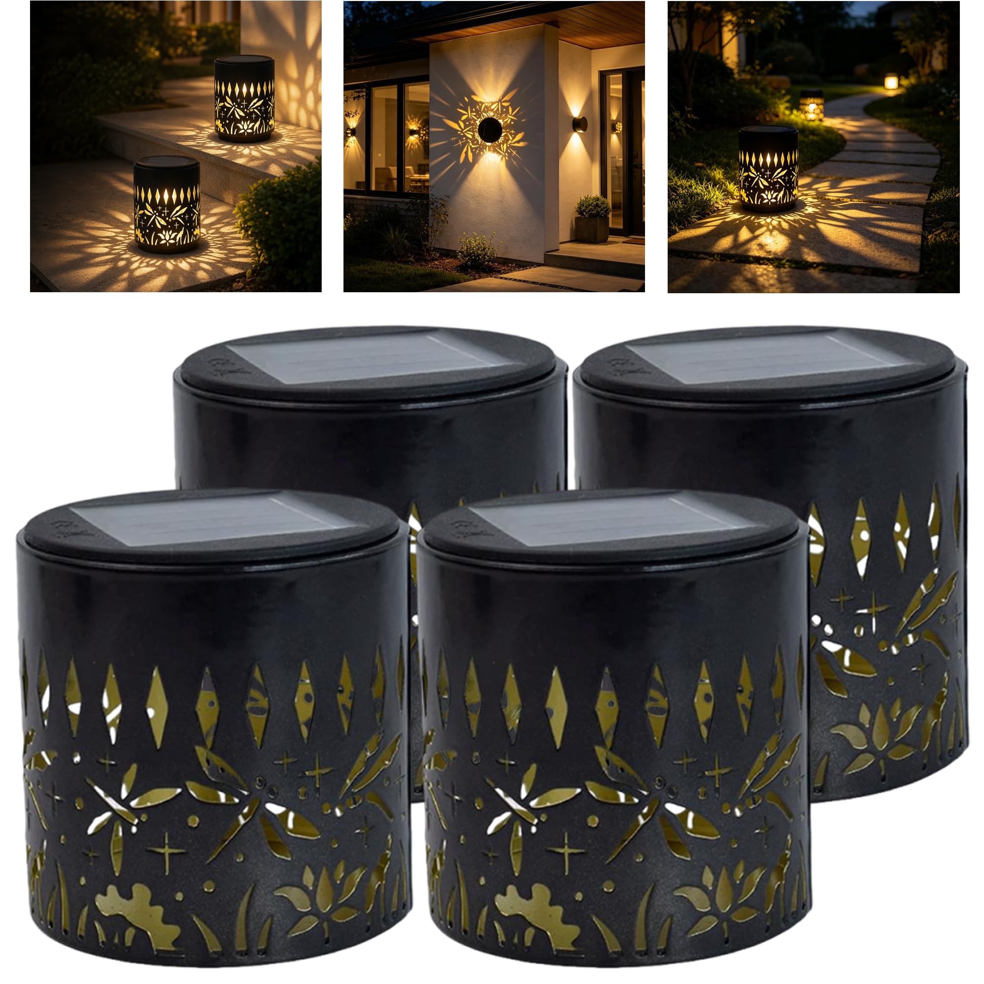 4 PCS Decorative Solar Mandala Lights, Solar Fence Lights Outdoor Waterproof | Hollow Dragonfly Pattern Sola-r Powered WallLights for Backyard Patio Deck Garden Decor