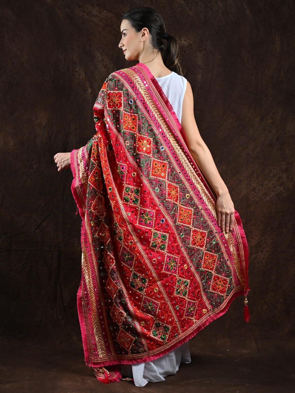 Exotic India Phulkari Dupatta/Chunni For Women's from Punjab with Multicolor Thread Embroidery and Bead-Mirror Work - Image 4