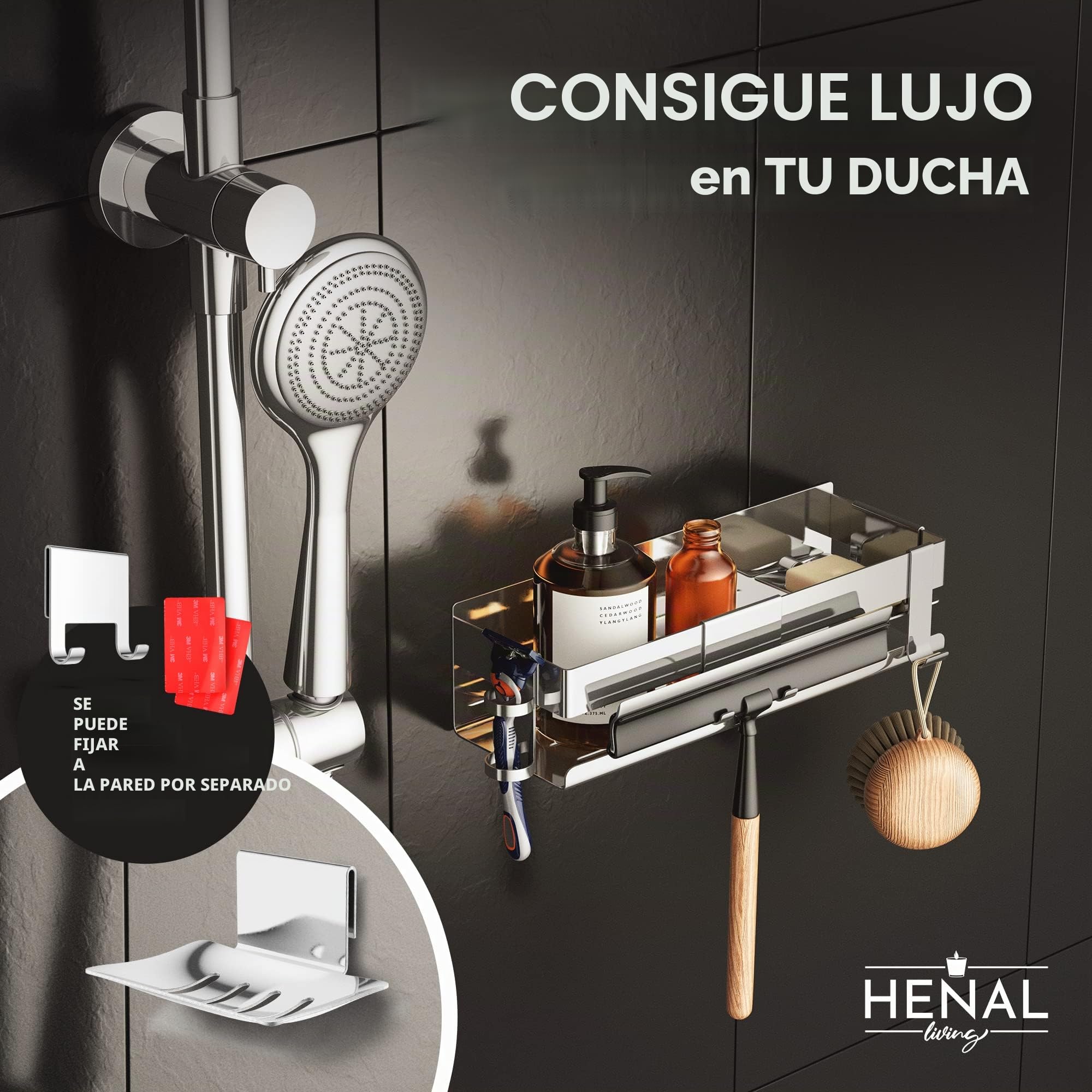 HENAL® - Estante de Ducha 5 en 1 de Acero Inoxidable Brillante sin taladrar, Estante de Ducha con Soporte de afeitadora, portaescobilla de Ducha, jabonera y Ganchos, Organizador XXL