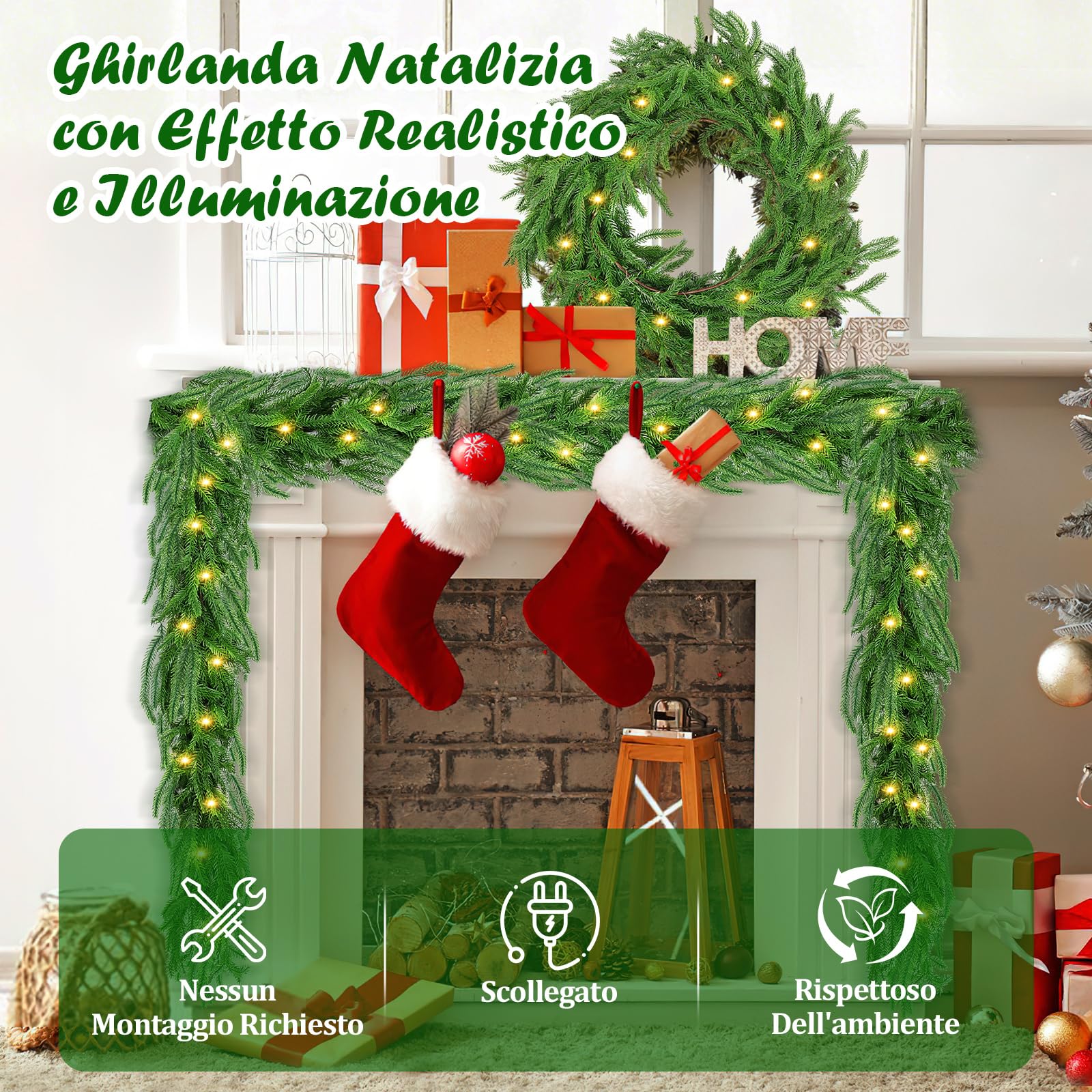 Ghirlanda di Natale da 30 cm con luci, decorazioni natalizie, ghirlanda di Natale artificiale con decorazioni a forma di fiocco e campanelle | Leroy Merlin