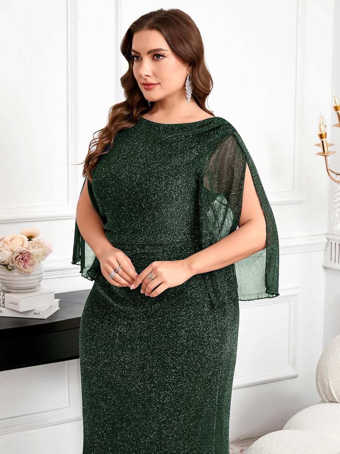 CYCLAMEN Plus Size Sparkly Evening Dress 3/4 Petal Sleeve V-Back Ruched Maxi Gown for Wedding Guest Mother of The Bride - Image 4