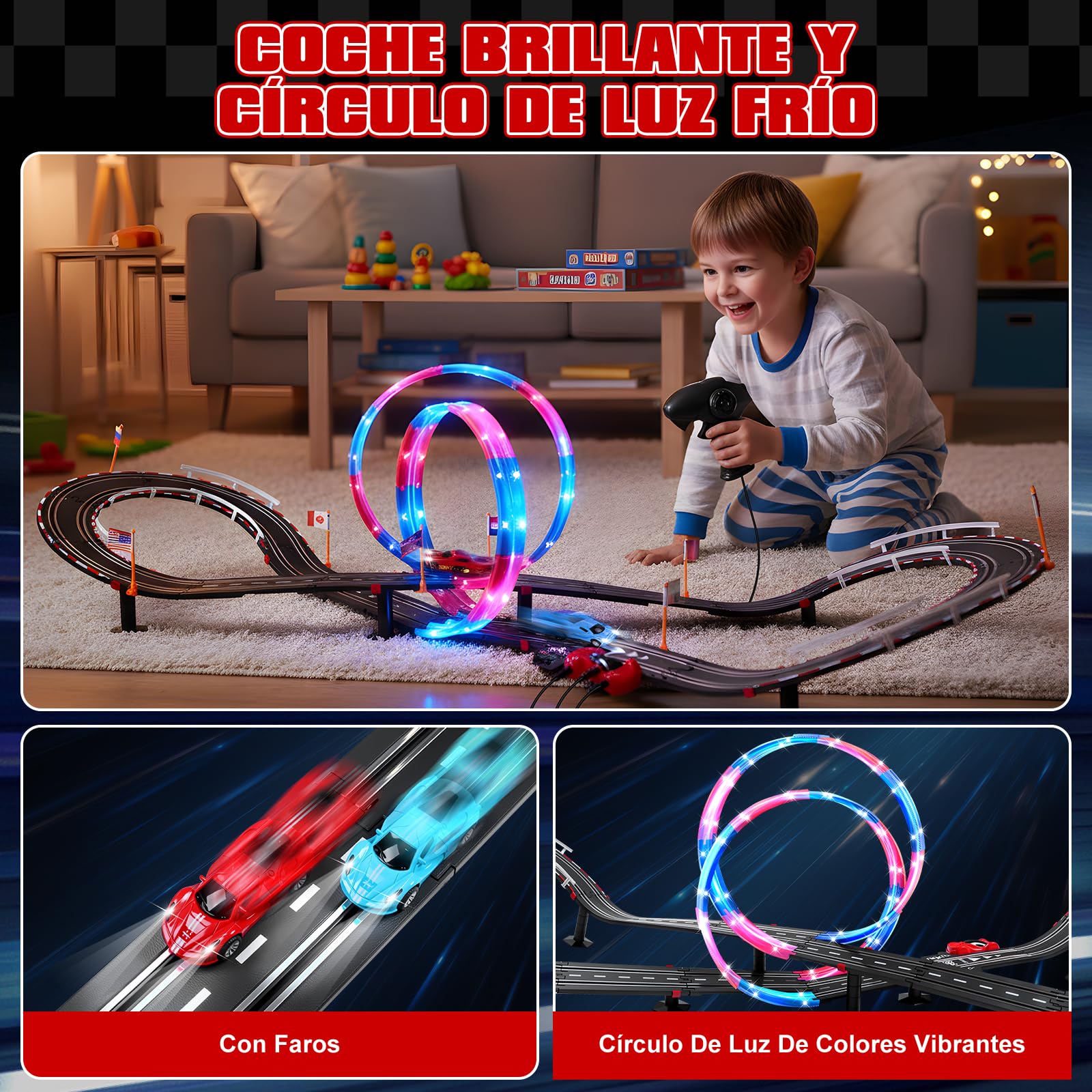 Pista Carreras Electrica, Iluminado Pista de Coches para Niños 1:64 Pista Autos -4 LED Coches, Bucle 360°, Euroconector, Contador Vueltas, Circuito Coche Niños 3+ Años Juguete Regalos (L)