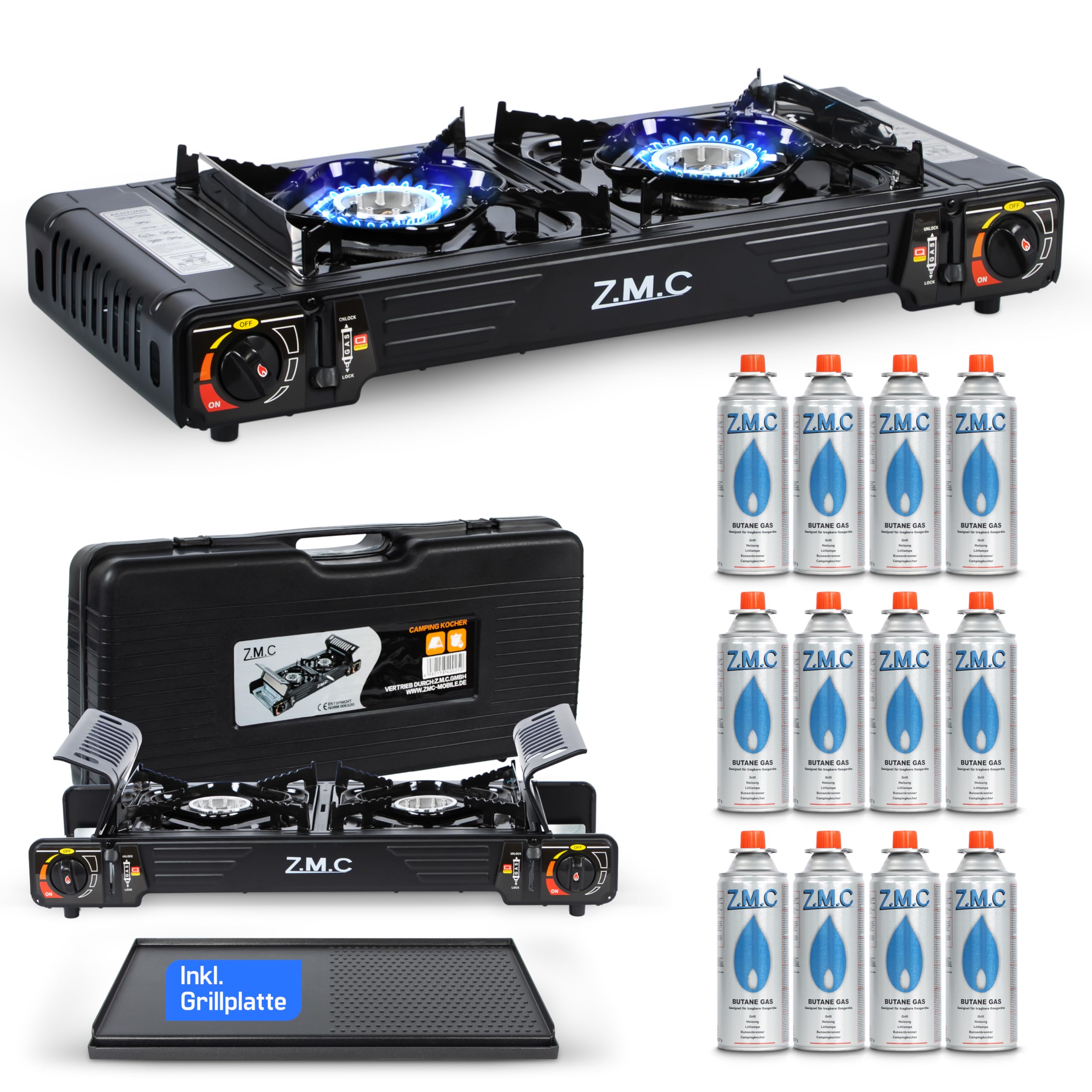 ZMC Premium Campingkocher 2-flammig 2,5 kW mit Piezo-Zündung & TRANSPORTKOFFER | Doppelgaskocher für Outdoor, Balkon & Indoor | Gaskocher Set wählbar: inkl. Grillplatte 45×24 cm und 227g Gaskartuschen