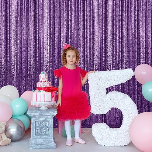 Miniatura 2 de 2 paneles de cortinas de fondo de lentejuelas moradas de 8 pies, fondo de tela con purpurina para decoración de Navidad, boda, fiesta