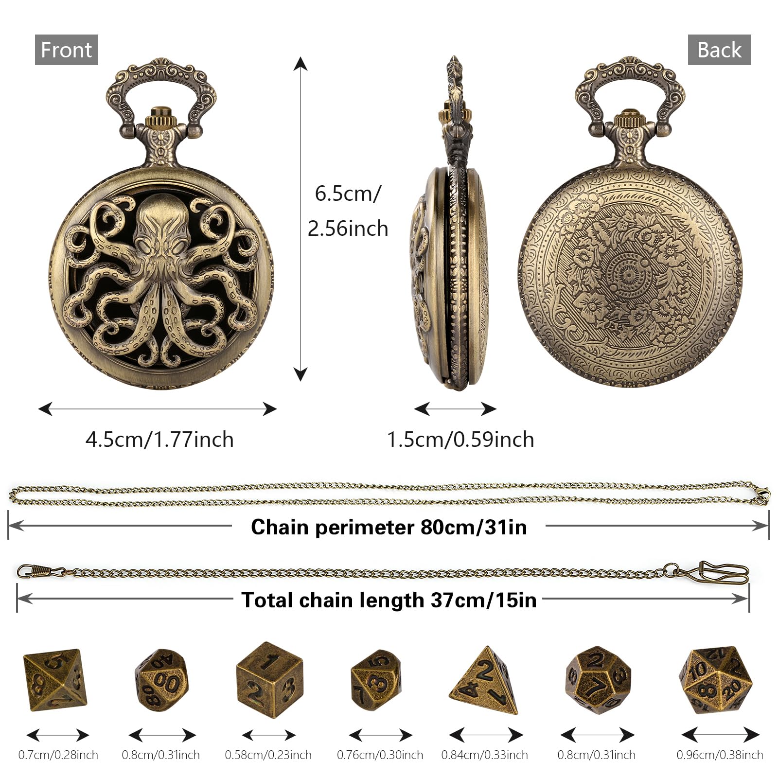 Mini DND Dice Set, Steampunk Bronze Hollow Octopus Pocket Watch Case, 7 Pieces Polyhedral Metal D&D Dice Set - Image 3
