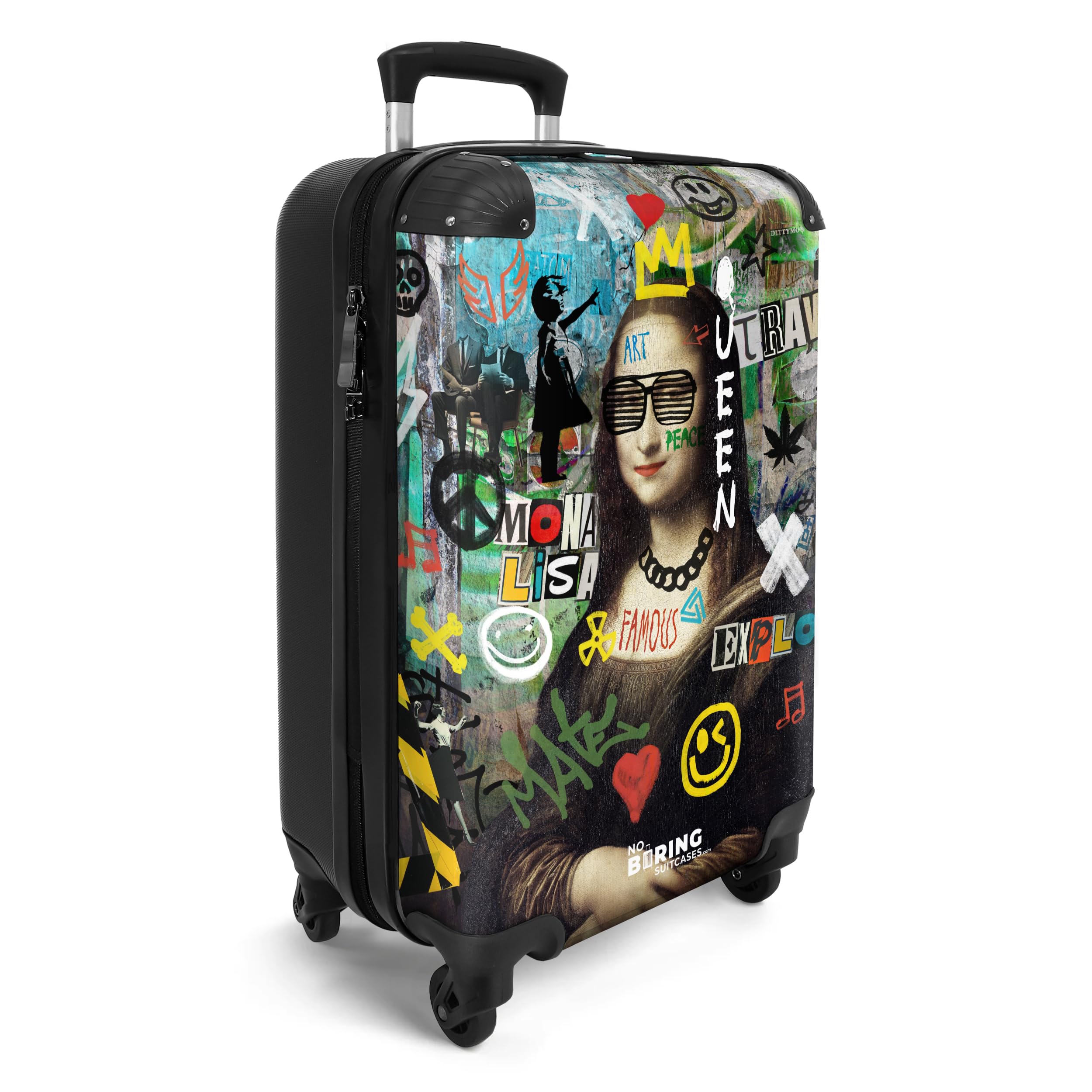 NoBoringSuitcases.com Maleta de Viaje Cabina Trolley con Ruedas, Equipaje de Mano Carry on Luggage - Mona Lisa Graffiti (55x40x20 cm)