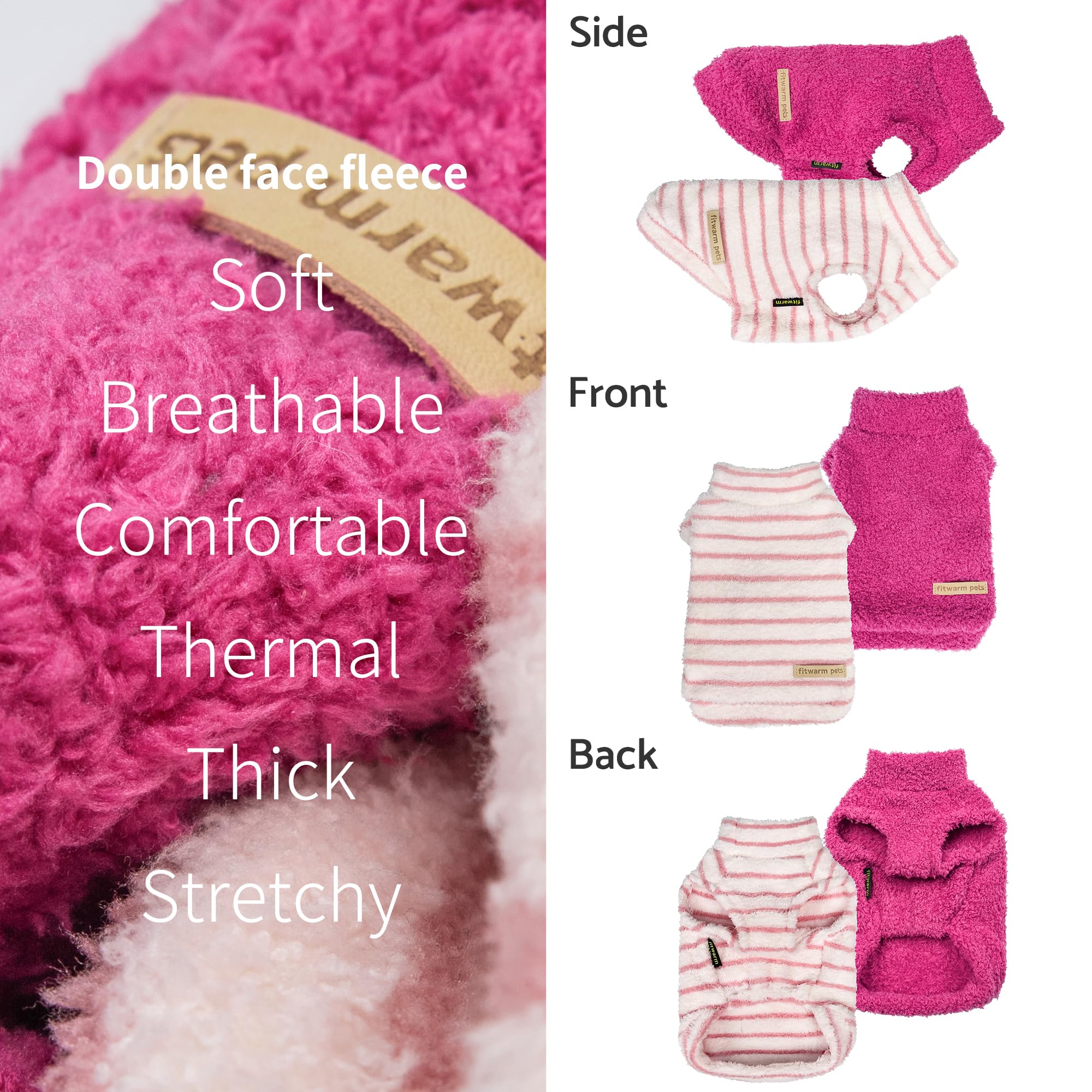 Fitwarm Lot de 2 pulls en polaire rayé pour chien, vêtements d'hiver chauds pour chien de petite taille et fille, tenue à col roulé pelucheux pour animal domestique, pull pour chien, rose, blanc, rose