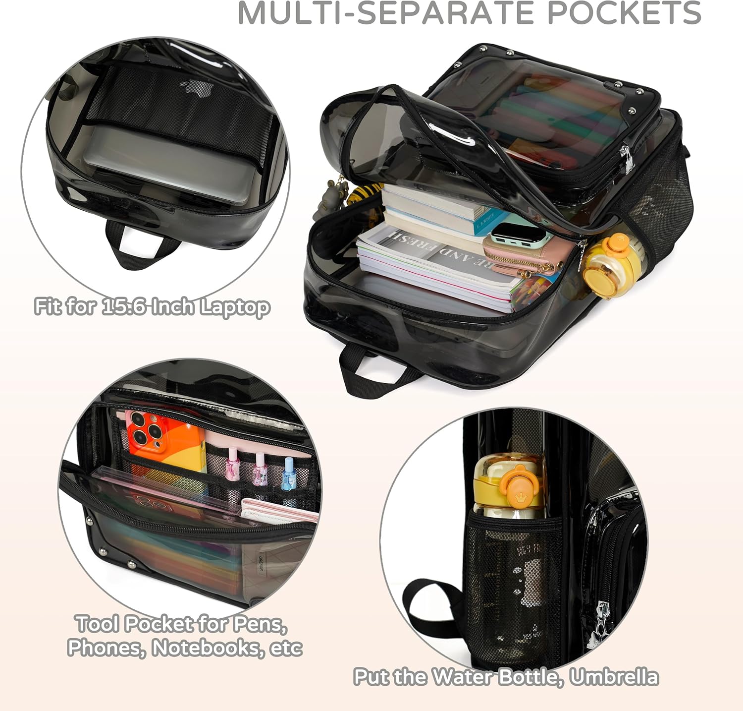 Caoroky knight Clear Backpack Heavy Duty Transparent Laptop Backpacks 15.6 Inch See Through TPU Travel Daypack Large College Bookbag for Women Men Teens Girls Boys students-Black - Image 4