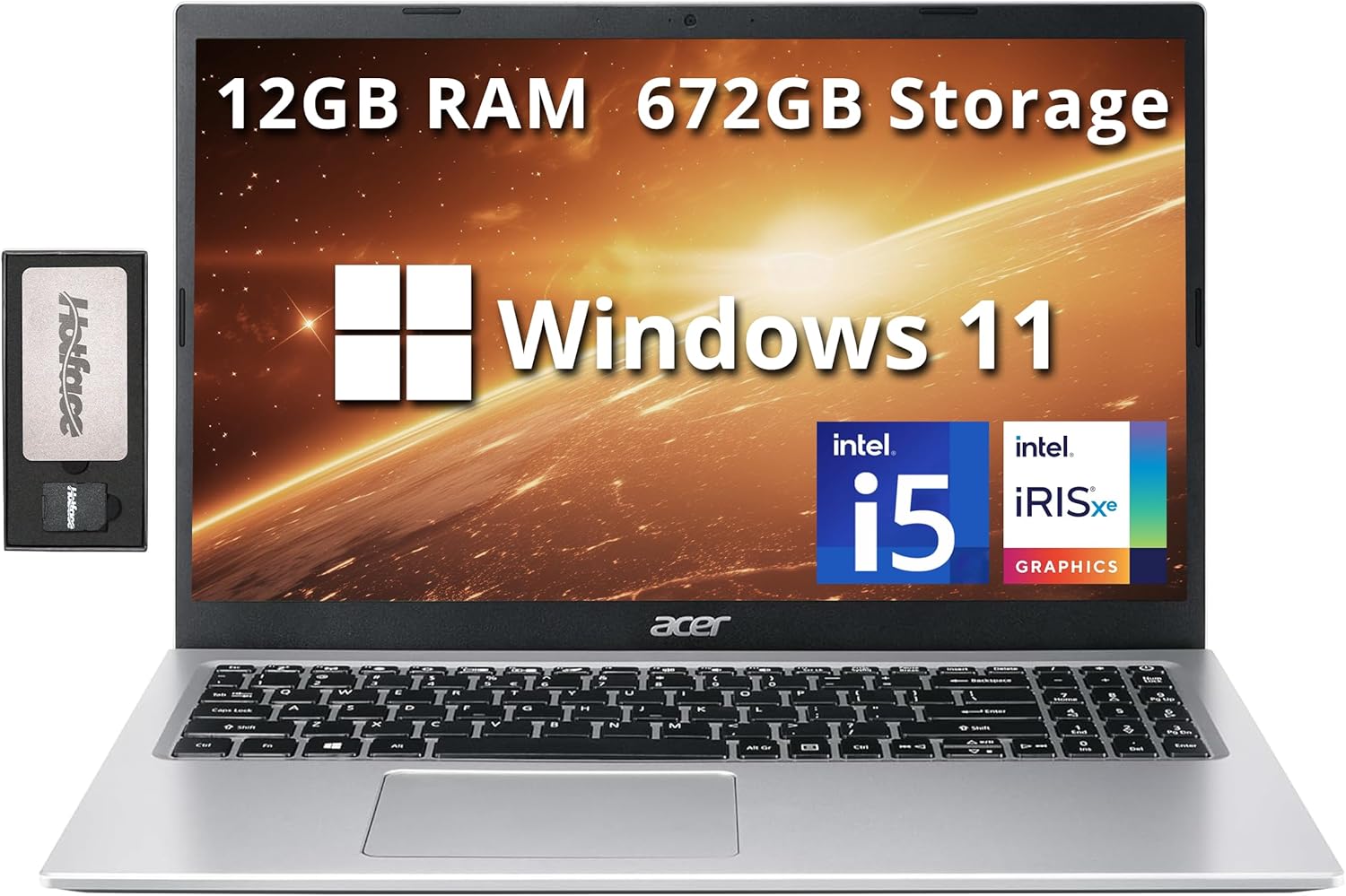 acer Aspire 3 15.6" FHD Laptop, Intel i5-1135G7, 12GB RAM, 672GB Storage(512GB SSD+160GB Docking Station Set), Intel Iris Xe Graphics, Numeric Keypad, HD Webcam, Windows 11 Home, Silver