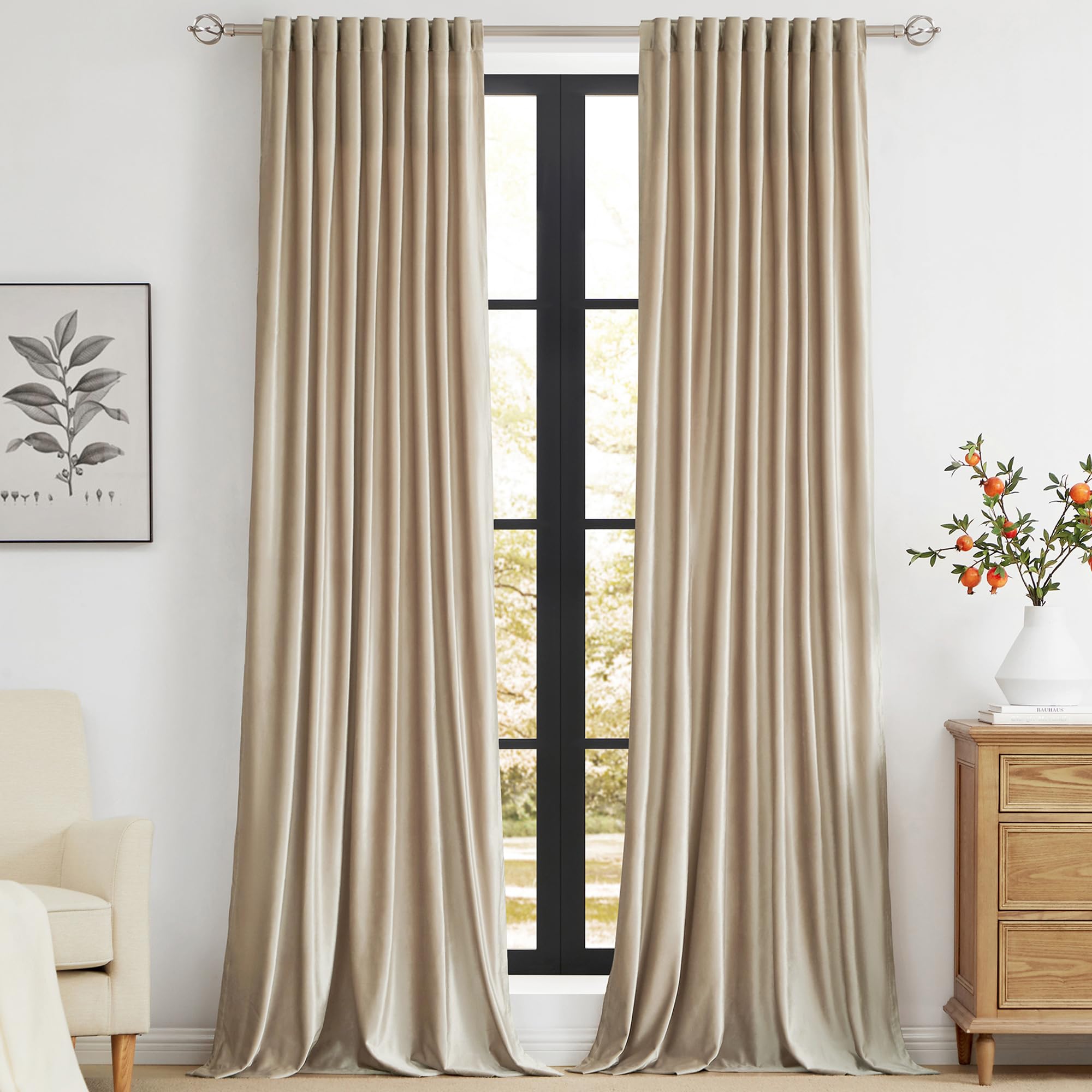 primrose champagne polyester velvet curtains 96 inch long for living room,blackout rod pocket back tab window treatment room darkening heavy decorative curtains drapes for bedroom