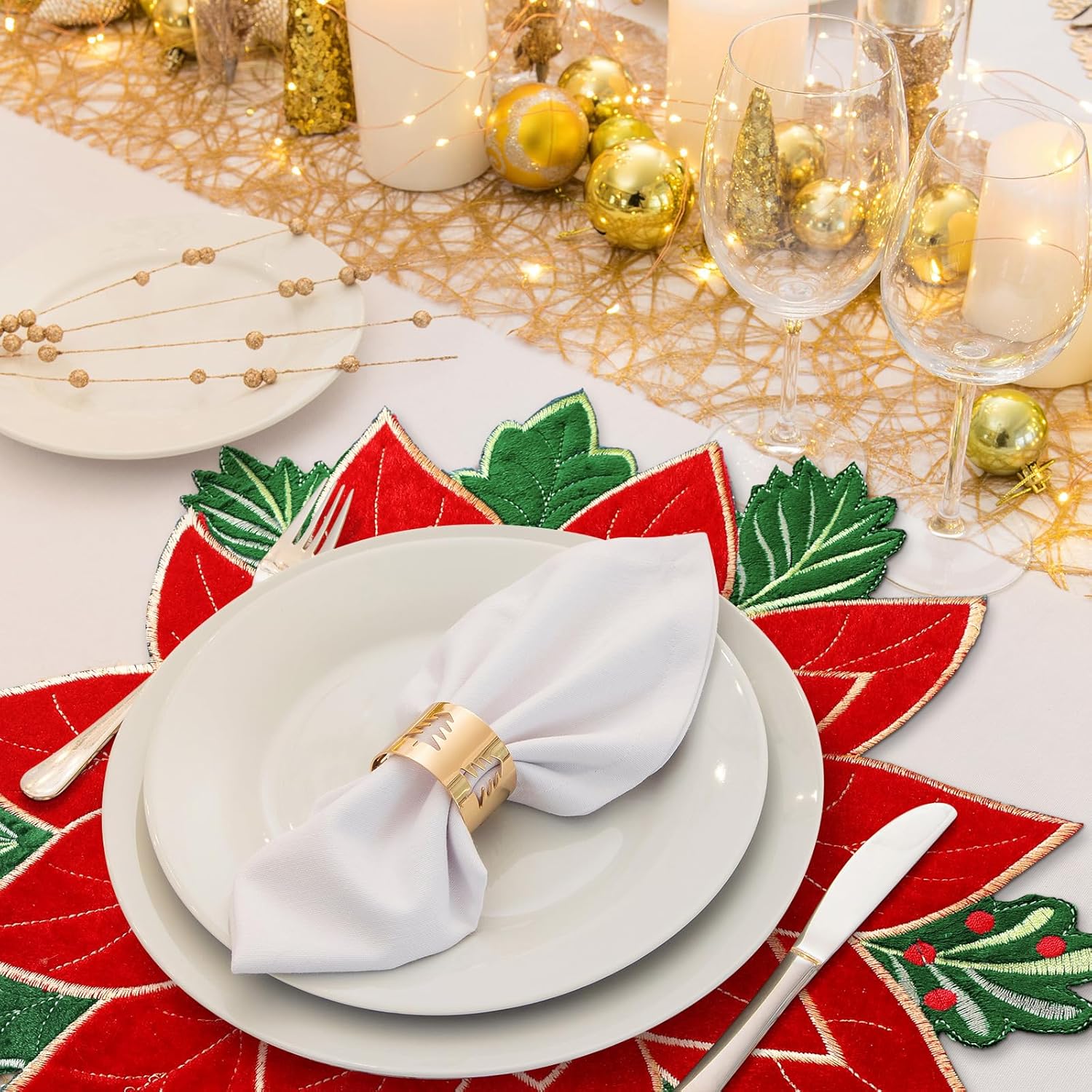 HunnmingRe Christmas Placemats Set of 6 Embroidered Velvet Poinsettia Table Mats 14 Inch Red and Green Double Layer Xmas Place Mats for Xmas Holiday Tabletop Home Dining Kitchen