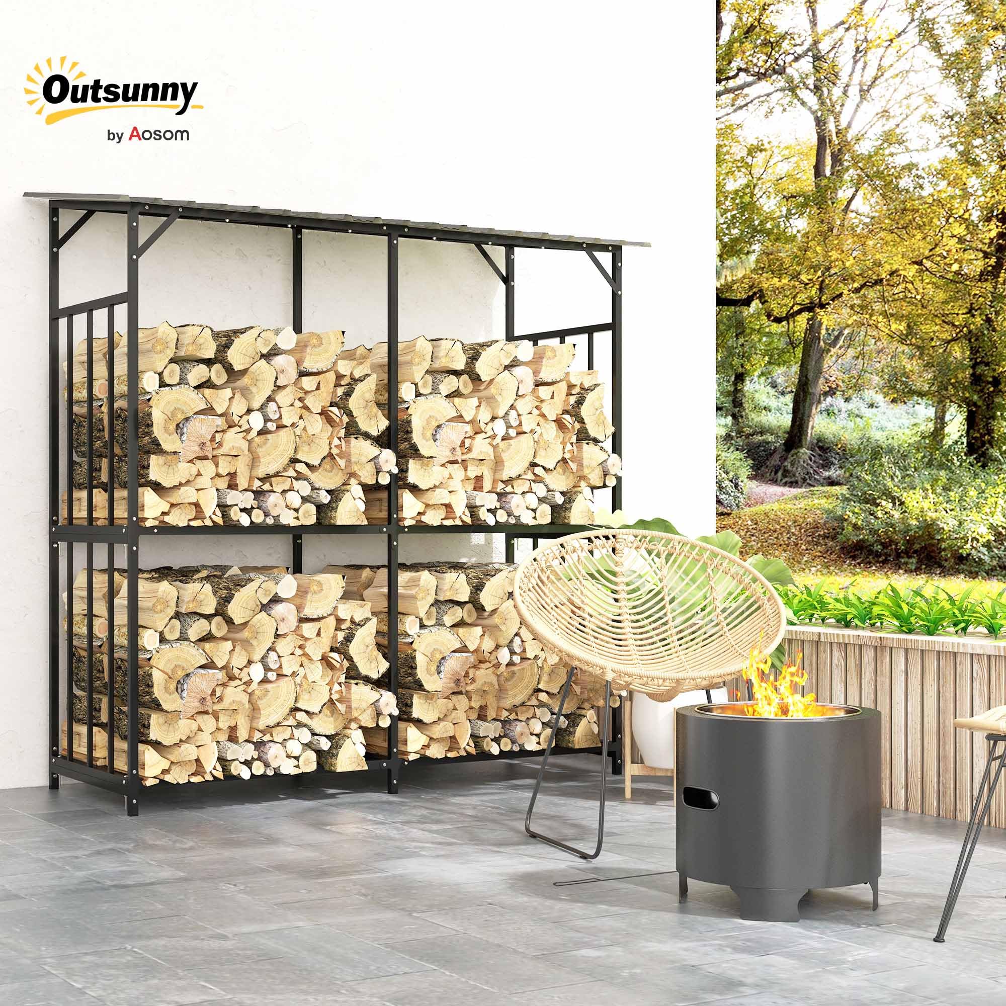 Outsunny Estantería exterior para leña de chimenea, 1,17 m³, con cubierta de metal, capacidad de carga 100 kg, acero, 186 x 75 x 185 cm, color negro