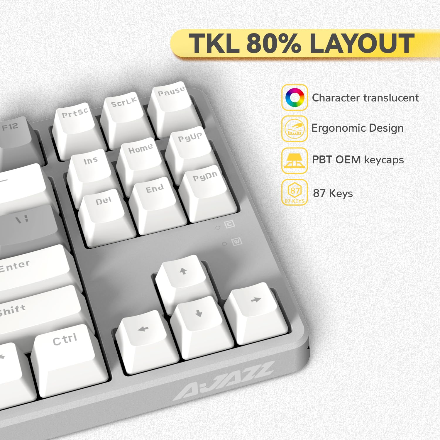 AJAZZ AK873-75% Teclado para juegos con cable USB C en espiral, interruptor rojo, teclado mecánico, LIGHTSYNC RGB TKL, 80% compacto, 87 teclas, cubierta superior magnética desmontable para PC/Mac,