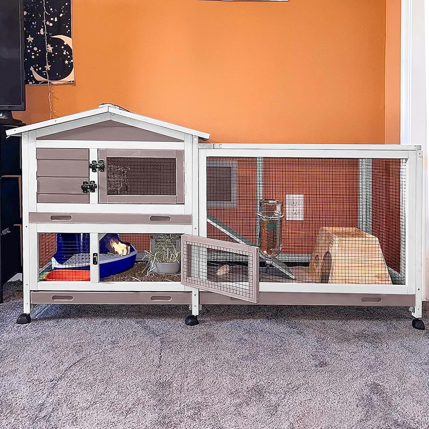 Aivituvin Rabbit Hutch 62" Rabbit Cage Indoor Outdoor Guinea Pig Cage on Wheels Bunny Cage with 3 Deep No Leakage Pull Out Tray,Waterproof Roof (Brown)