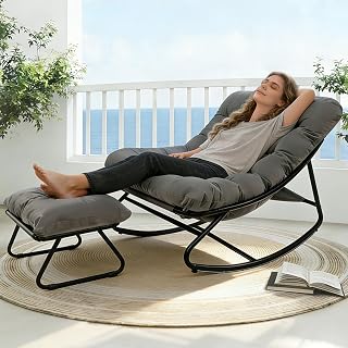 Schaukelstuhl mit Hocker Outdoor Lesesessel Schaukelsessel Wohnzimmer Relaxstuhl mit Gepolsterter, Outdoor Patio Schaukelstühle aus Metall, bis 150 kg, für Garten, Hof, Terrasse