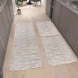 Kit Tapete de Cozinha 3 peças com Passadeira e Tapetes Antiderrapantes (Mesclado Cru com Risco Caramelo)