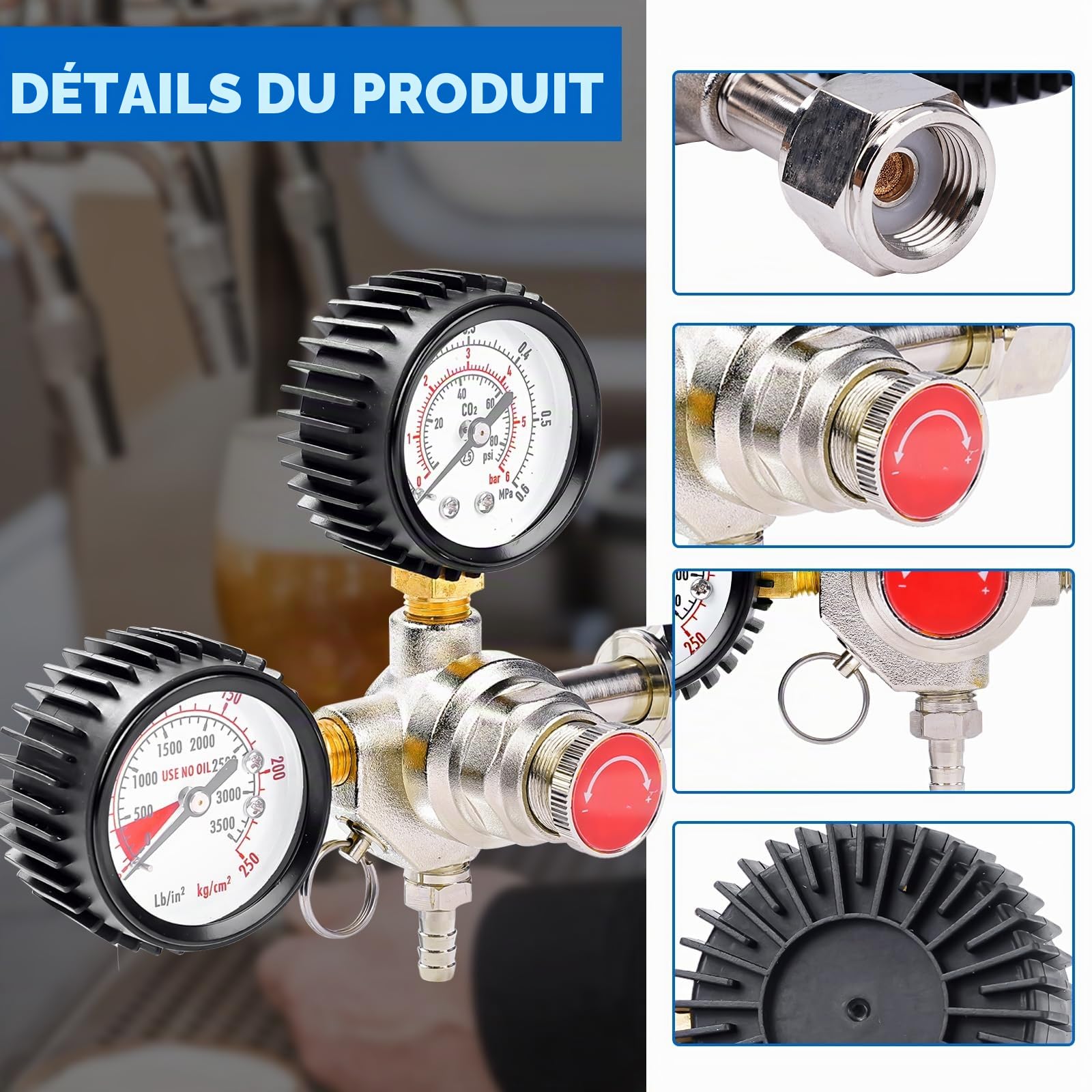 Détendeur Bière Régulateur de Pression CO2, avec Double Manomètre | en Alliage de Cuivre et d’aluminium, Raccord W21,8 x 1/14", pour Distributeurs de Bière, Brassage de Bière, Tireuse à Bière