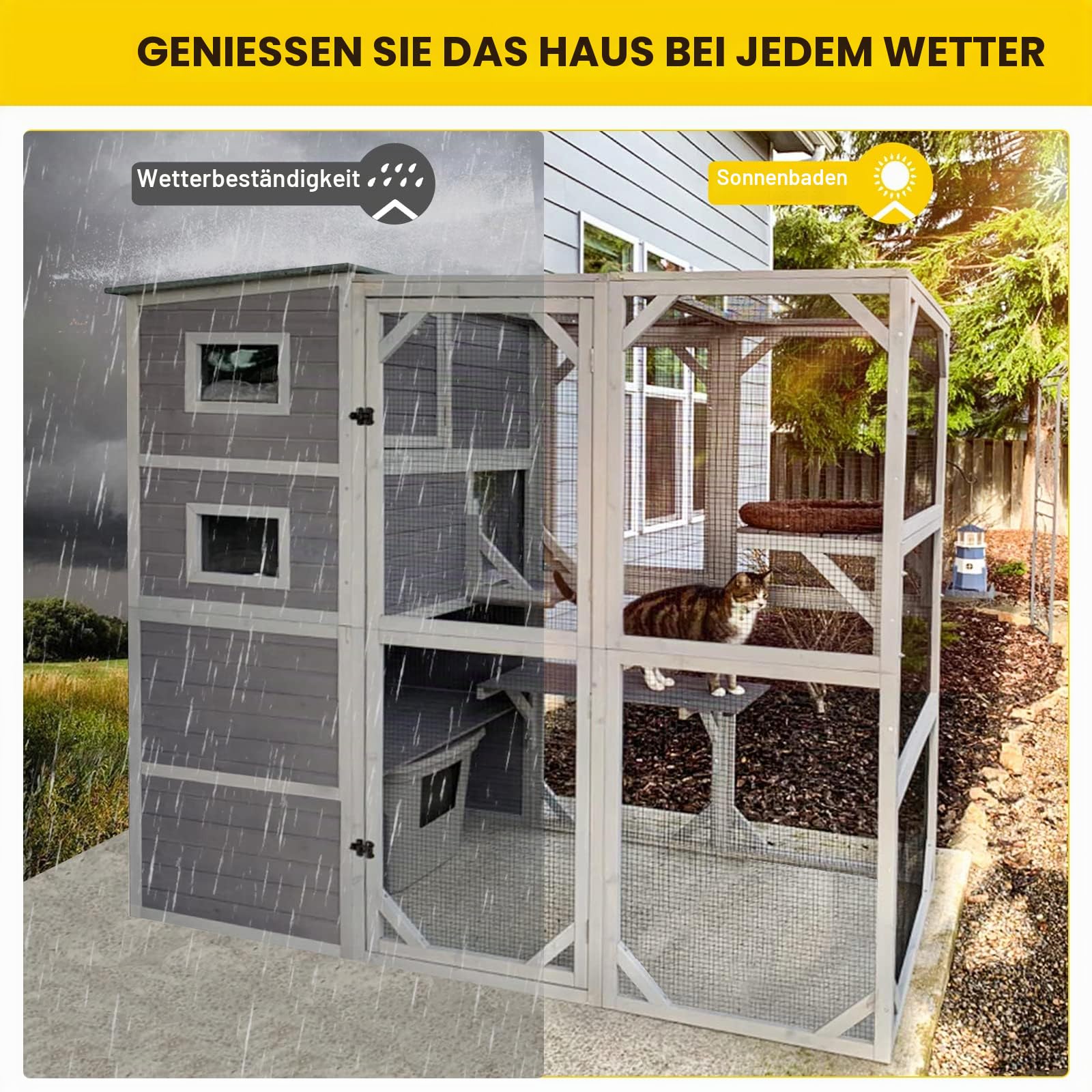 Akinerri Catio Katzenhaus für den Außenbereich, 4 Etagen, Katzengehege, 177,8 cm hoch, 195,6 cm lang, großer Katzenkäfig für drinnen und draußen, wetterfestes Dach, 3 Ruheräume, 3 Plattformen, 5
